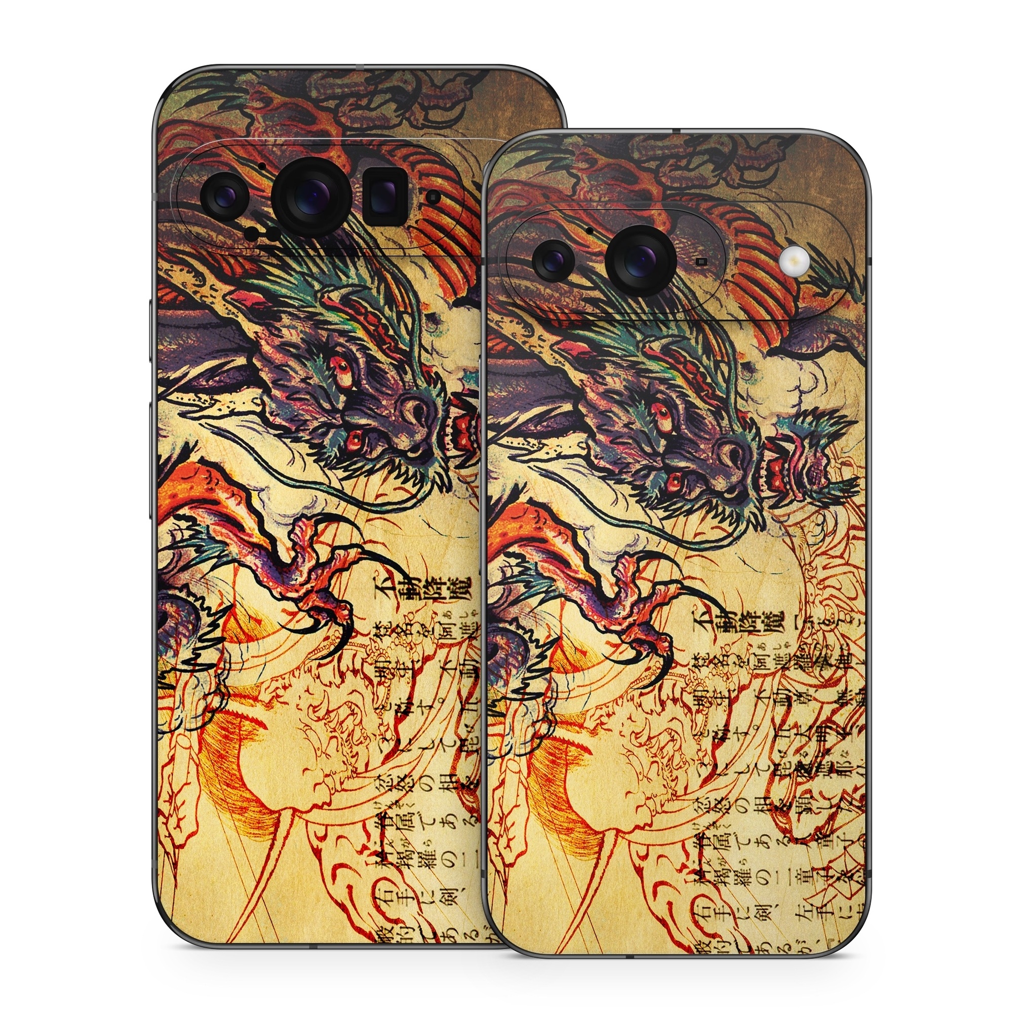 Google Pixel 9 Series Skin design of Illustration, Fictional character, Art, Demon, Drawing, Visual arts, Dragon, Supernatural creature, Mythical creature, Mythology, with black, green, red, gray, pink, orange colors