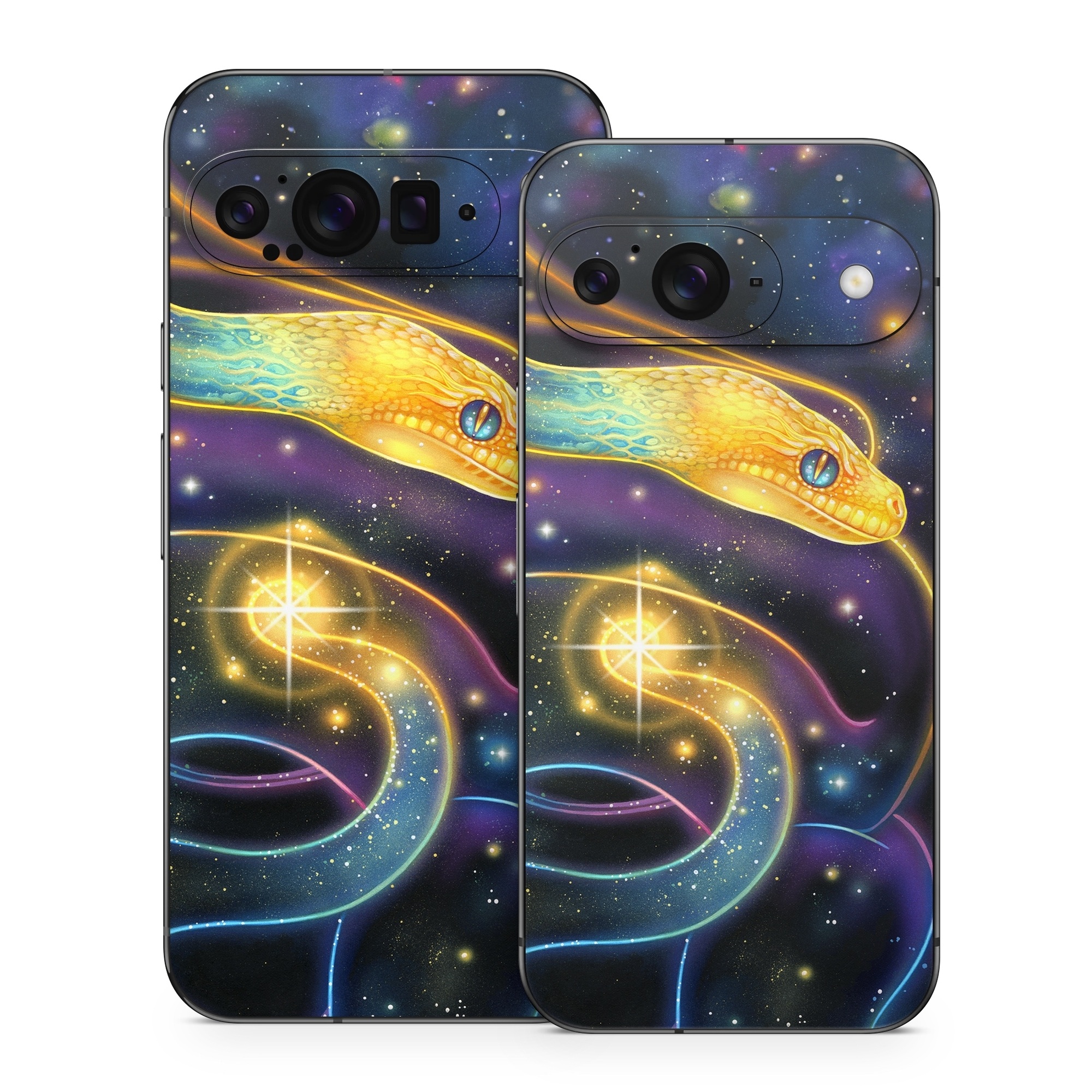Google Pixel 9 Series Skin design of Atmosphere, Light, Organism, Art, Font, Astronomical object, Galaxy, Star, Science, Nebula, with black, white, yellow, orange, green, purple colors