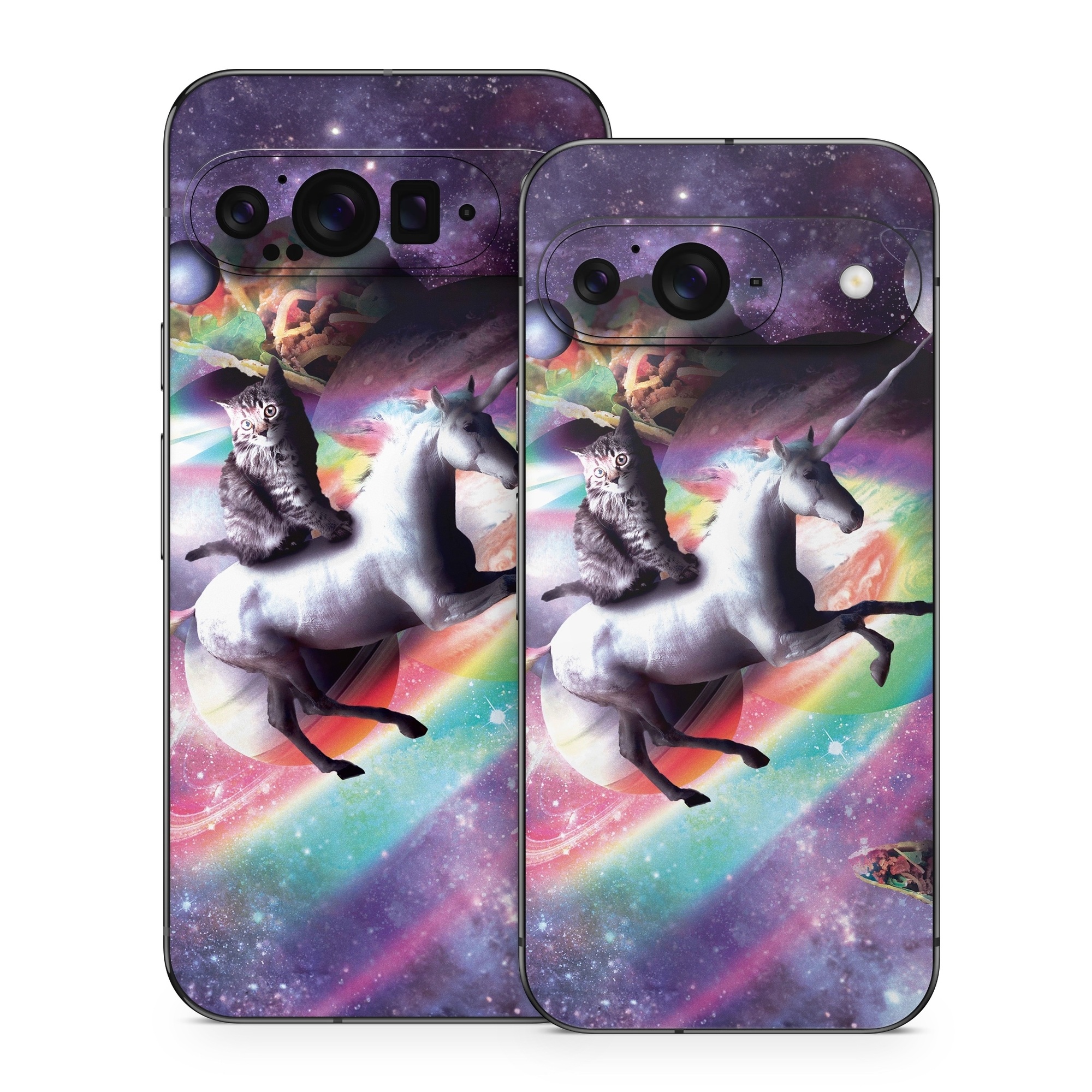 Google Pixel 9 Series Skin design of Illustration, Graphic design, Fictional character, Space, Sky, Astronomical object, Universe, Outer space, Art, Unicorn, with black, white, gray, red, yellow, green, blue, orange colors