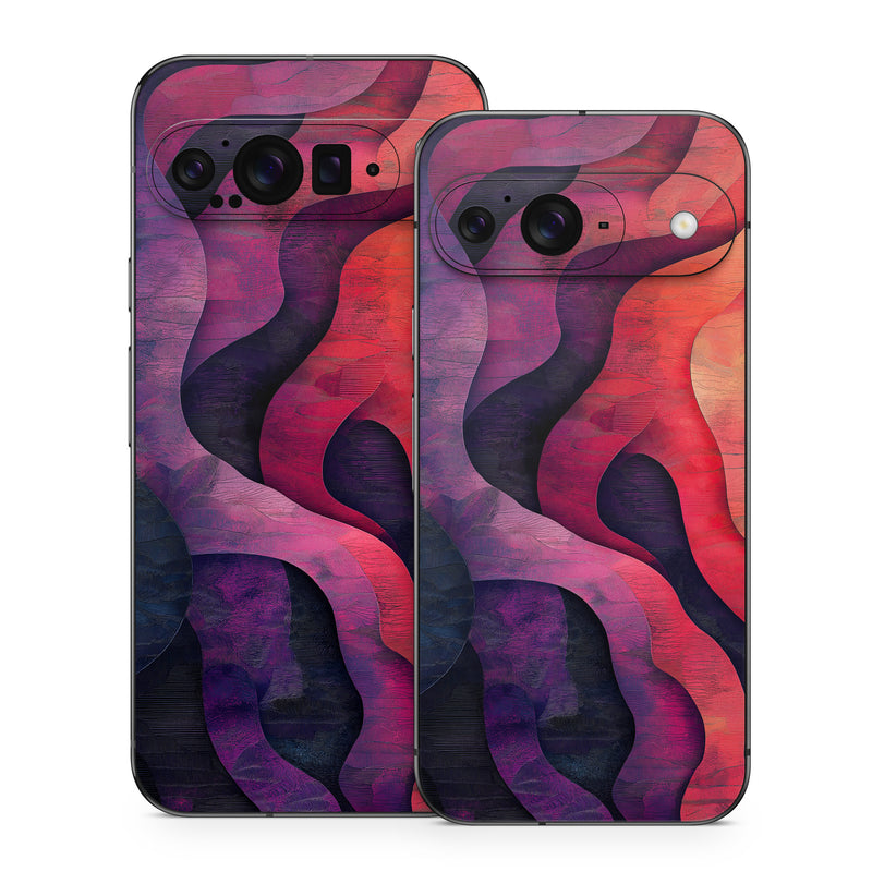 Google Pixel 9 Series Skin design of Red, Orange, Art, Brown, Pink, Paint, Modern art, Graphics, Fractal art, Art Paint, with red, orange, yellow, purple, pink, black colors