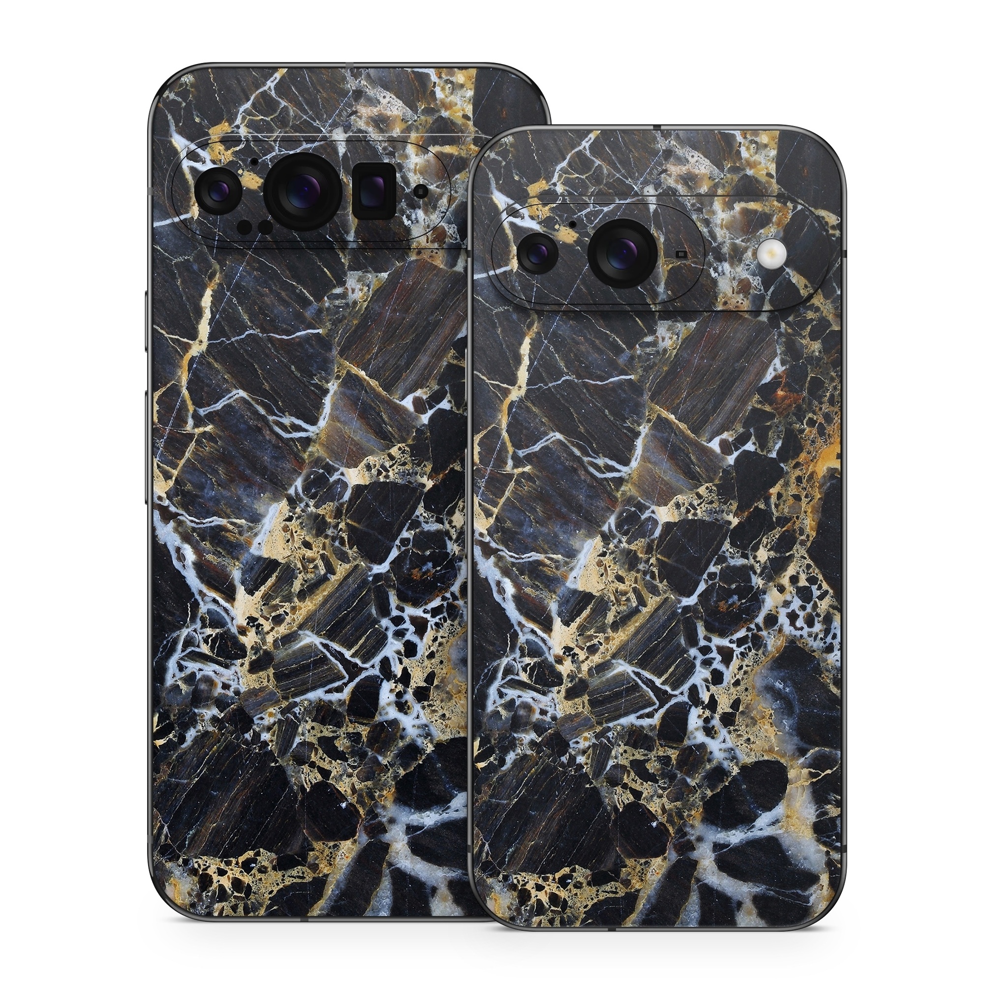 Google Pixel 9 Series Skin design of Black, Yellow, Rock, Brown, Marble, Water, Close-up, Granite, Pattern, Geology, with black, white, orange, gray, yellow colors