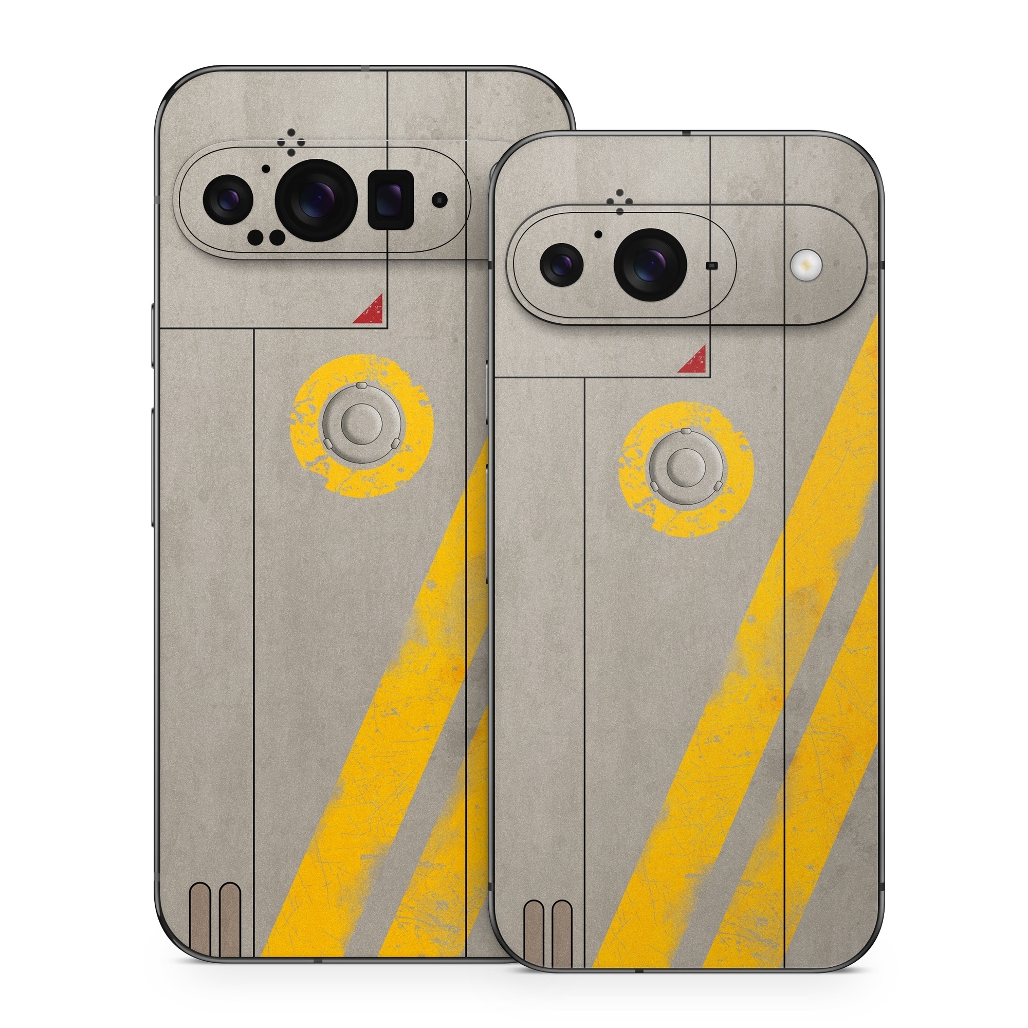 Google Pixel 9 Series Skin design of Yellow, Wall, Line, Orange, Design, Concrete, Font, Architecture, Parallel, Wood, with gray, yellow, red, black colors