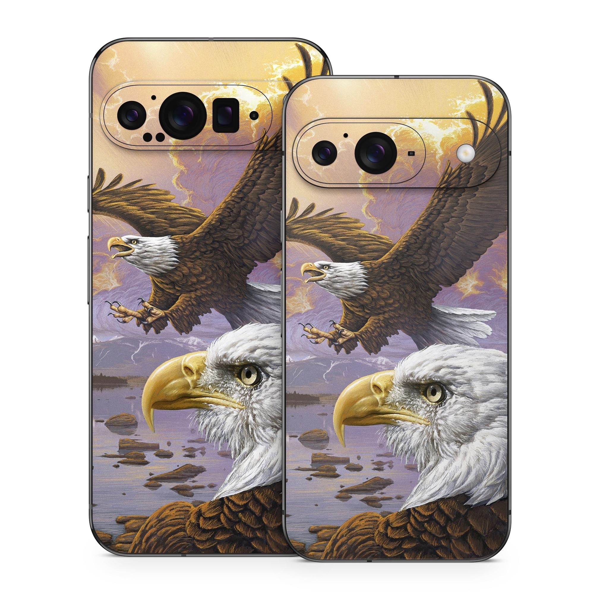Google Pixel 9 Series Skin design of Bird, Bird of prey, Bald eagle, Vertebrate, Eagle, Accipitriformes, Accipitridae, Golden eagle, Beak, Hawk, with gray, black, green, red, purple colors