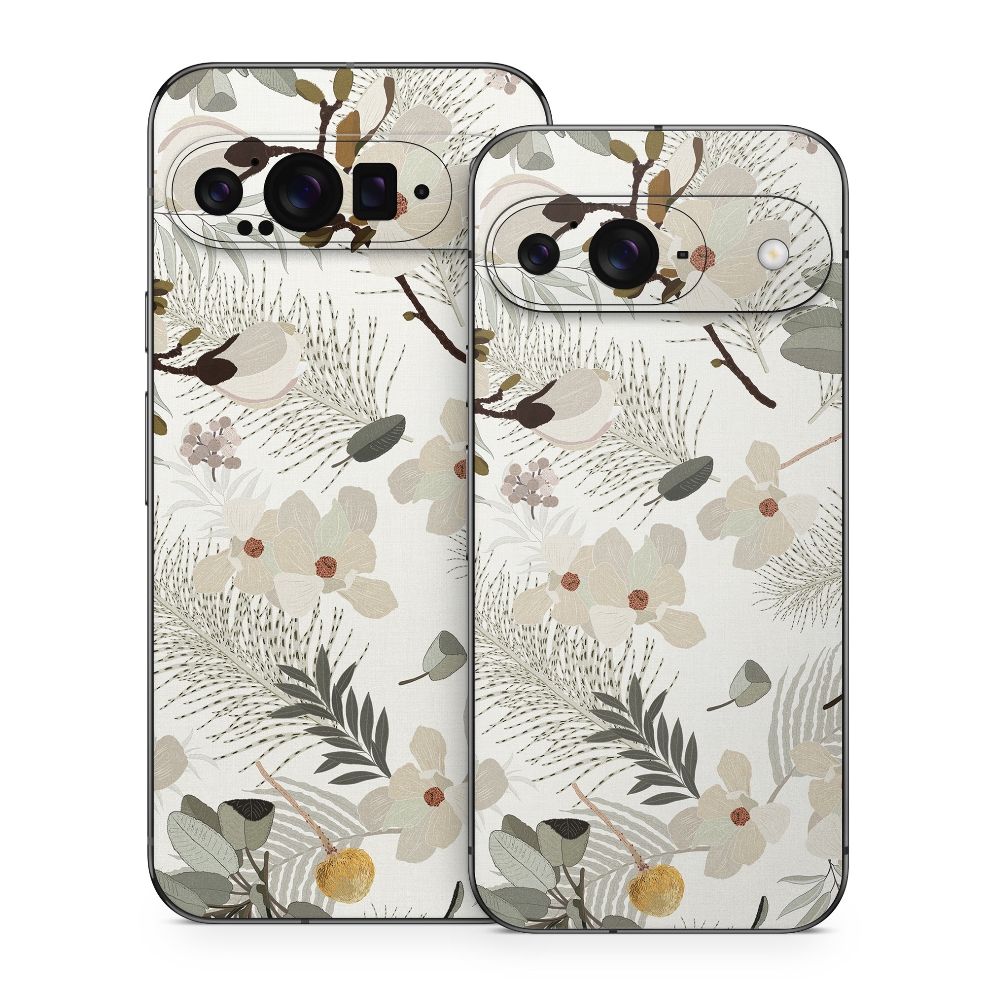 Google Pixel 9 Series Skin design of Branch, Botany, Twig, Plant, Textile, Organism, Art, Creative arts, Pattern, Tints and shades, with white, green, yellow, brown, gray colors