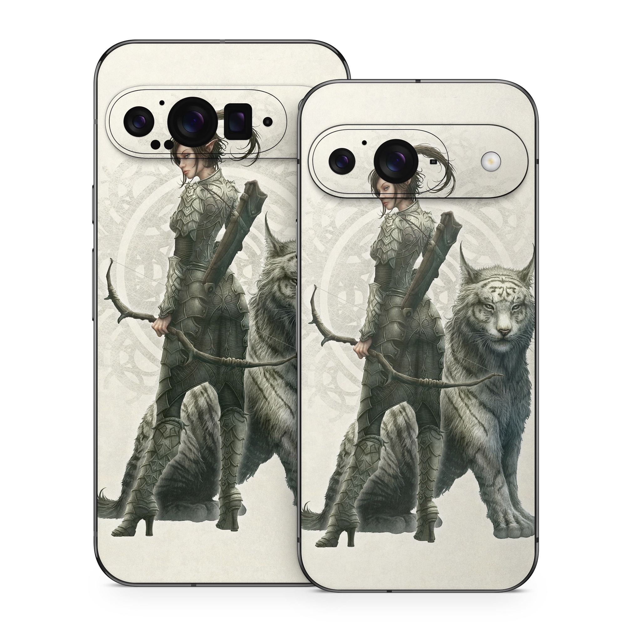 Google Pixel 9 Series Skin design of Illustration, Fictional character, Drawing, Woman warrior, Art, Mythology, Sketch, with gray, black, pink, yellow, green colors