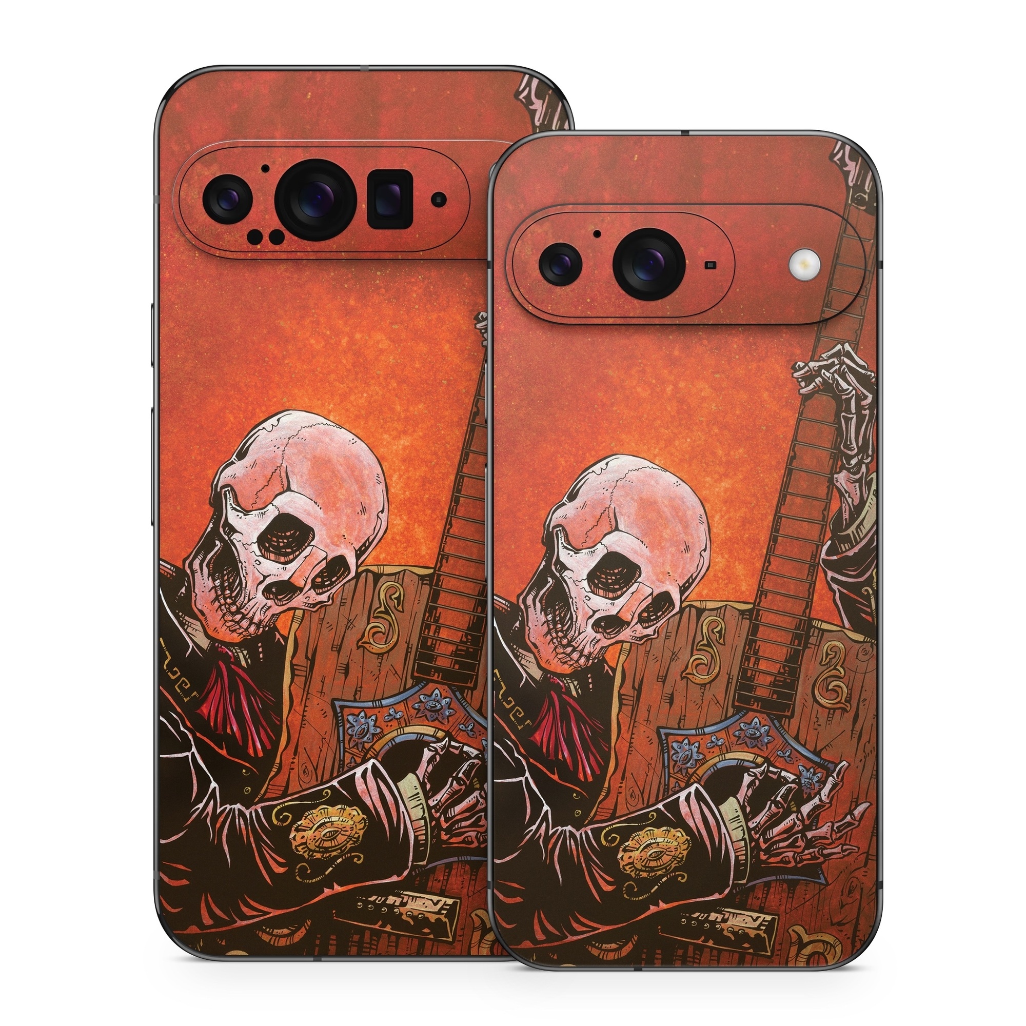 Google Pixel 9 Series Skin design of Sleeve, Art, Painting, Personal protective equipment, Artist, Music, Font, Visual arts, Drawing, Skull, with white, black, gray, brown, orange, yellow, red colors