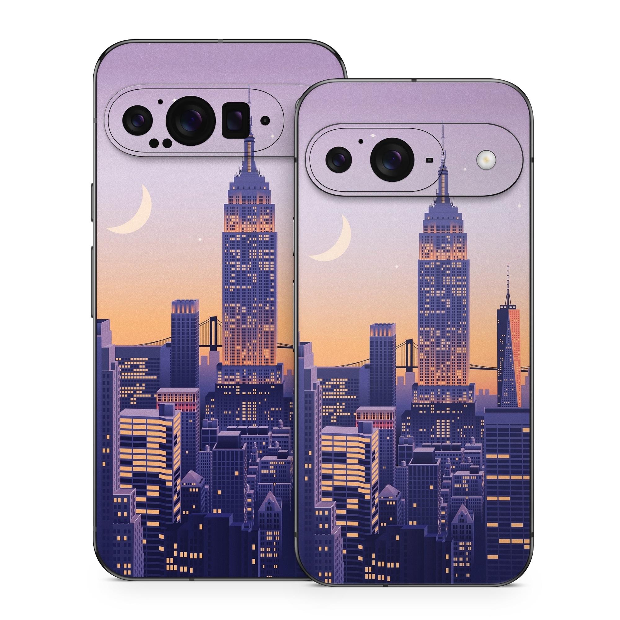 Google Pixel 9 Series Skin design of Skyscraper, Building, Sky, Atmosphere, Moon, World, Nature, Tower, Afterglow, Dusk, with blue, purple, yellow, orange colors