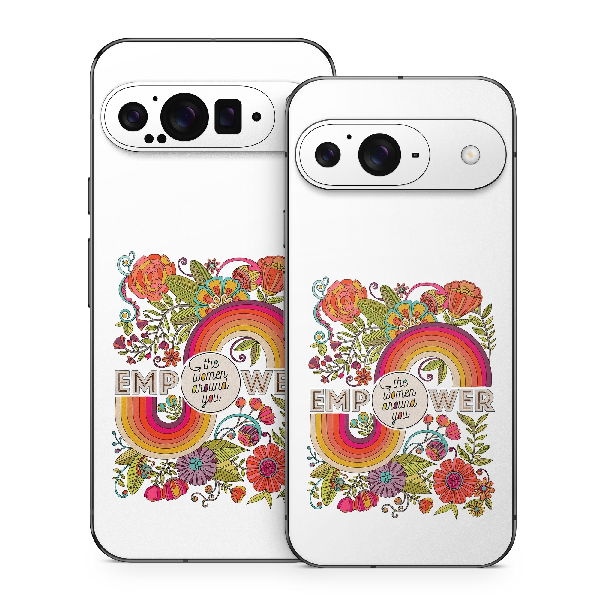 Google Pixel 9 Series Skin design of Botany, Flower, Font, Creative arts, Petal, Circle, Pattern, Art, Visual arts, Floral design, with white, red, yellow, orange, green, blue colors
