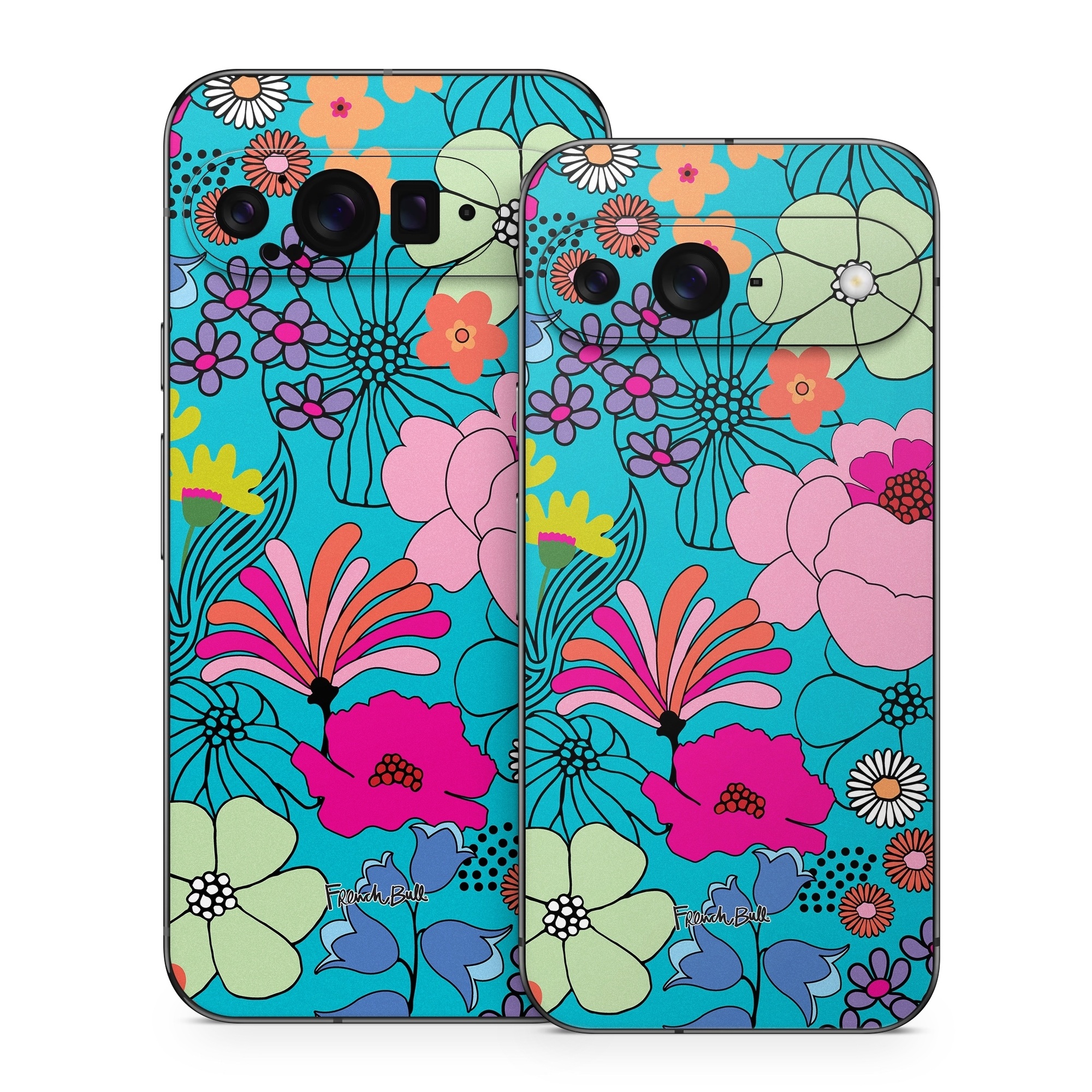 Google Pixel 9 Series Skin design of Flower, Green, Azure, Nature, Botany, Petal, Blue, Textile, Pink, Art, with blue, pink, yellow, orange, red, purple, green colors