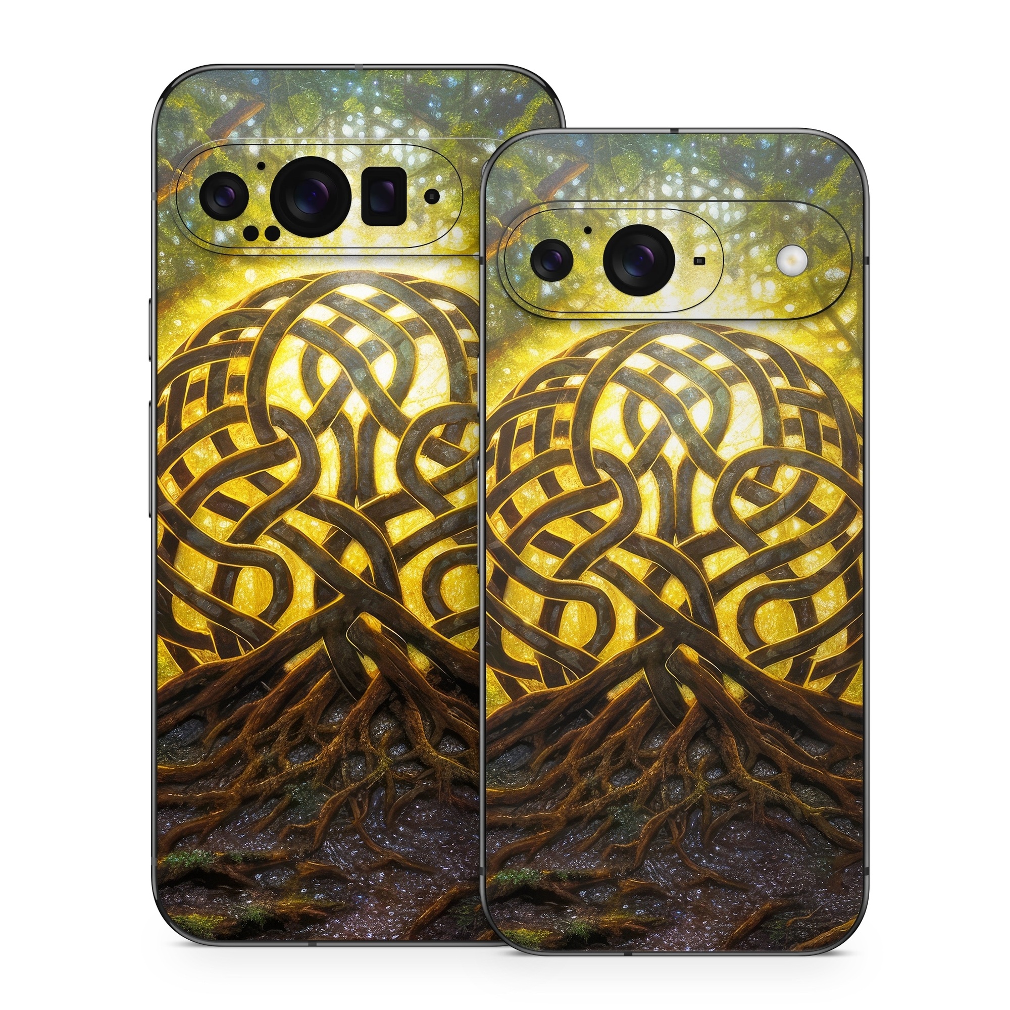 Google Pixel 9 Series Skin design of Art, Pattern, Circle, Symmetry, Tints and shades, Visual arts, Design, Electric blue, Graphics, Font, with green, brown, black, gray, yellow, orange, white colors