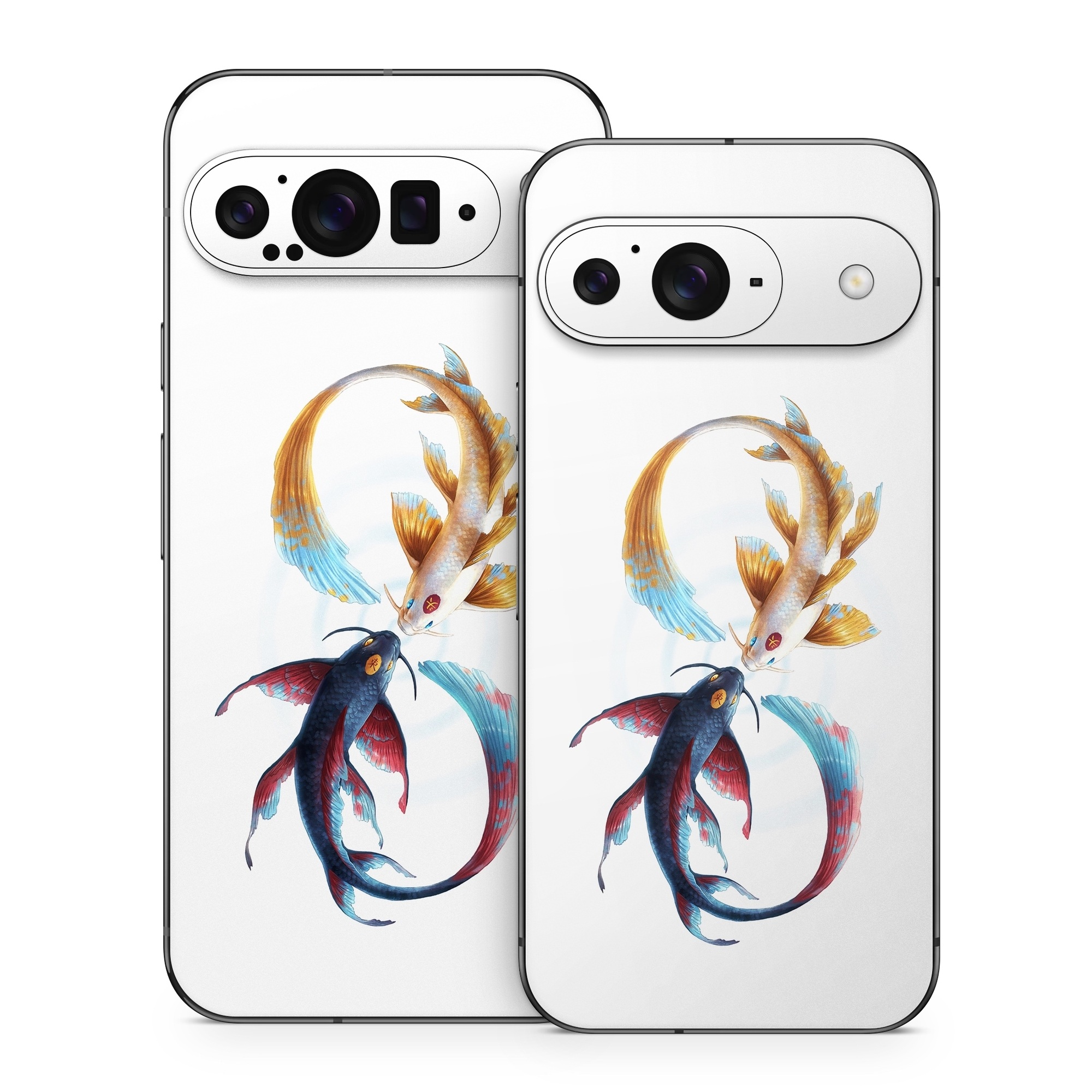 Google Pixel 9 Series Skin design of Marine invertebrates, Art, Wing, Feather, Tree, Beak, Electric blue, Fish, Natural material, Painting, with white, black, yellow, orange, red, blue colors