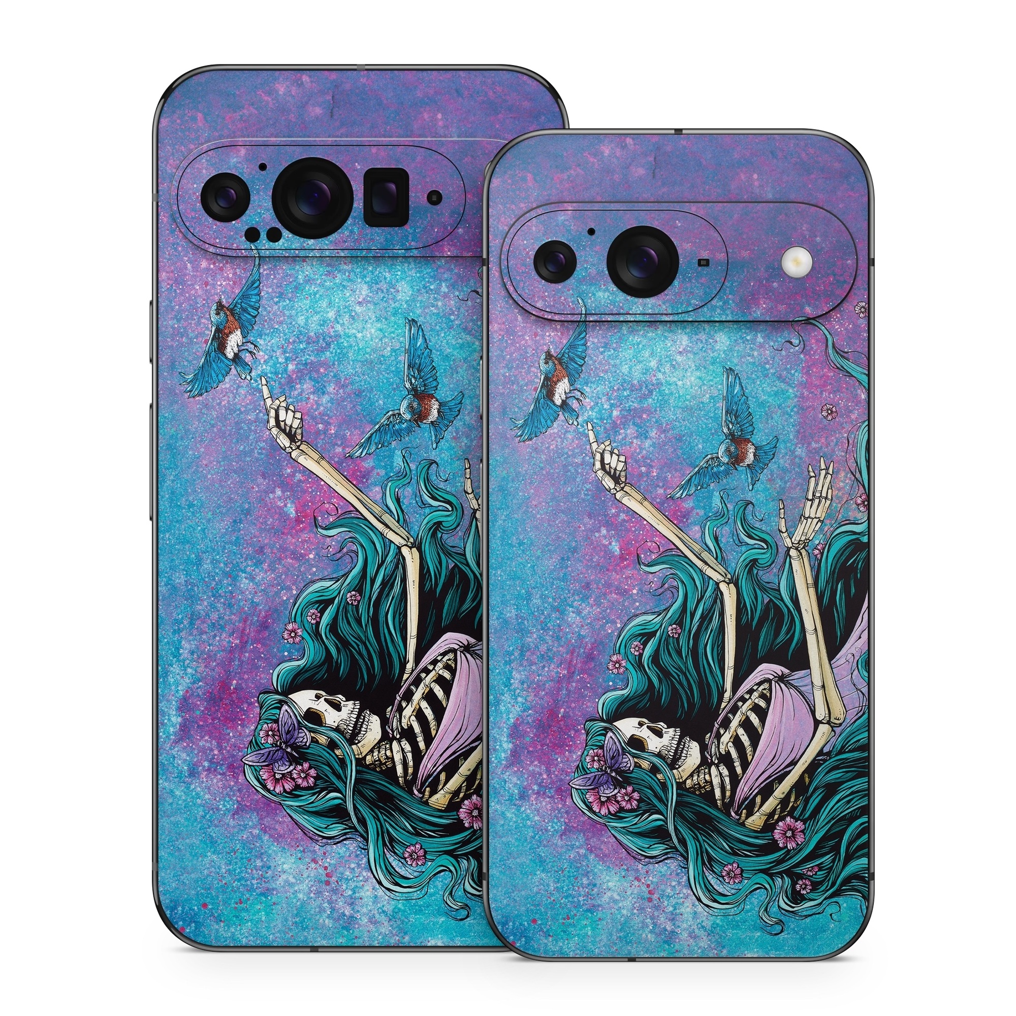 Google Pixel 9 Series Skin design of Green, Purple, Painting, Paint, Art, Cg artwork, Mythical creature, Musical instrument, Graffiti, Artist, with blue, purple, white, gray, brown colors