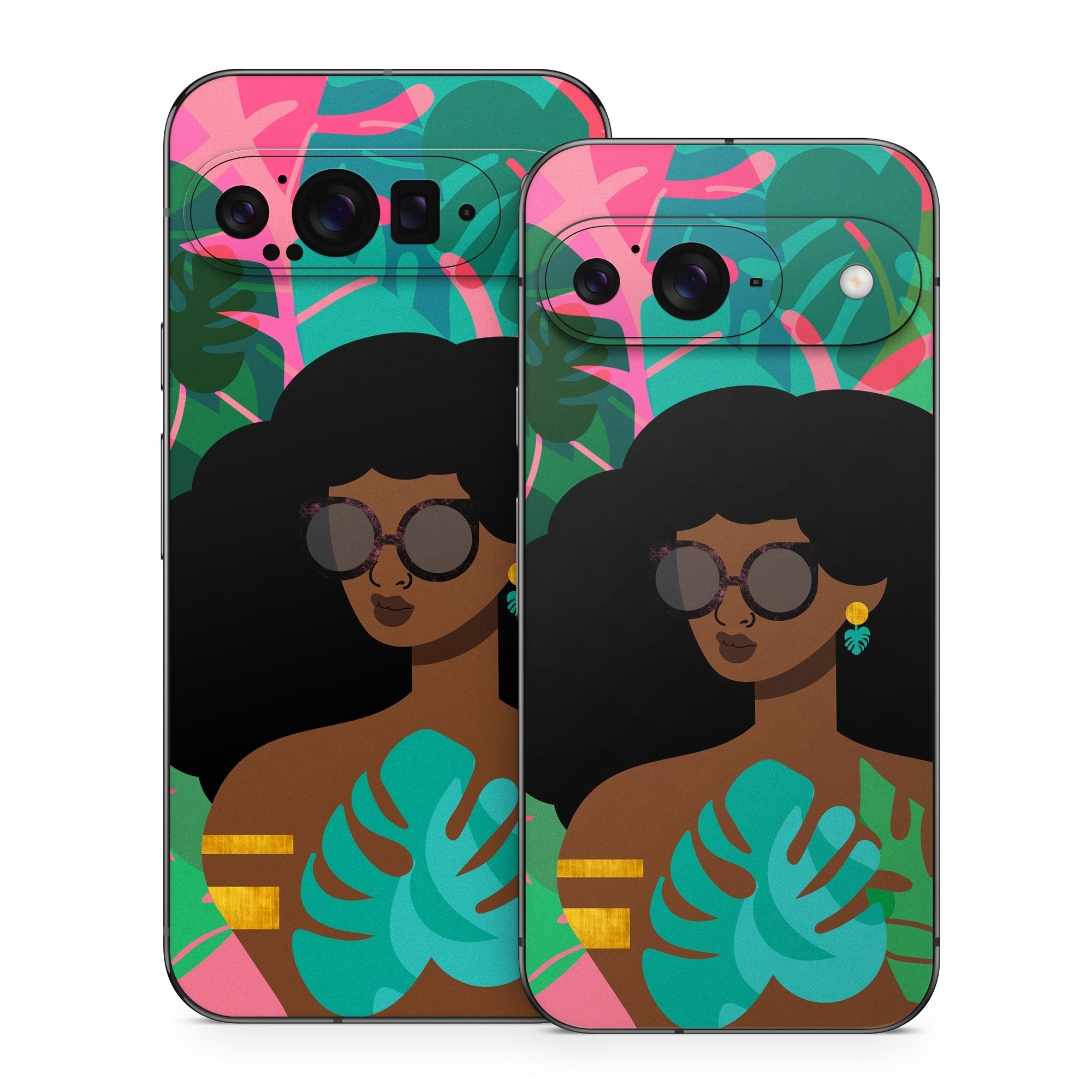 Google Pixel 9 Series Skin design of Illustration, Afro, Art, Eyewear, Glasses, Graphic design, Visual arts, Graphics, Fictional character, with brown, black, green, pink, blue, yellow colors