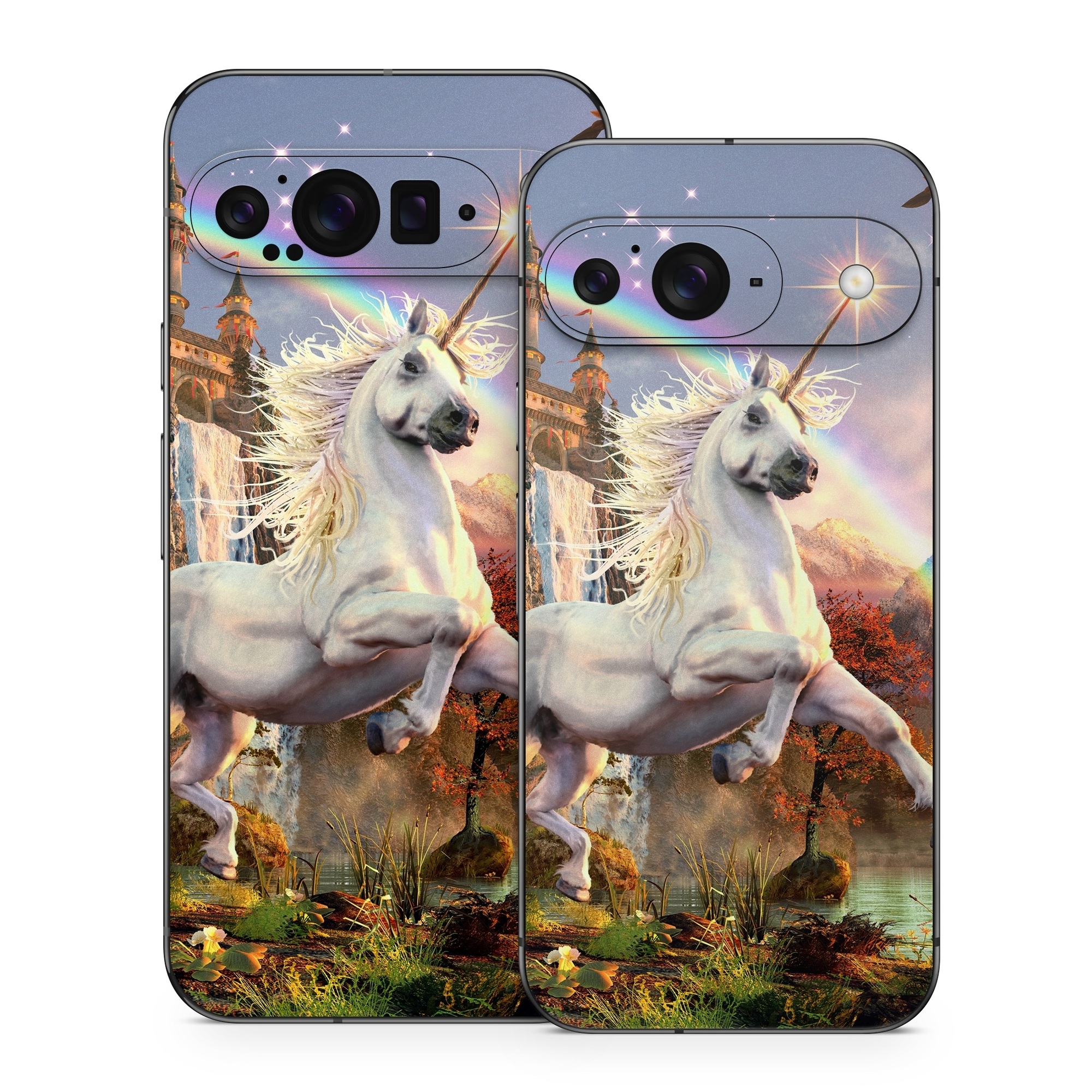 Google Pixel 9 Series Skin design of Nature, Unicorn, Fictional character, Sky, Mythical creature, Mythology, Cg artwork, Horse, Mane, Wildlife, with black, gray, red, green, blue colors