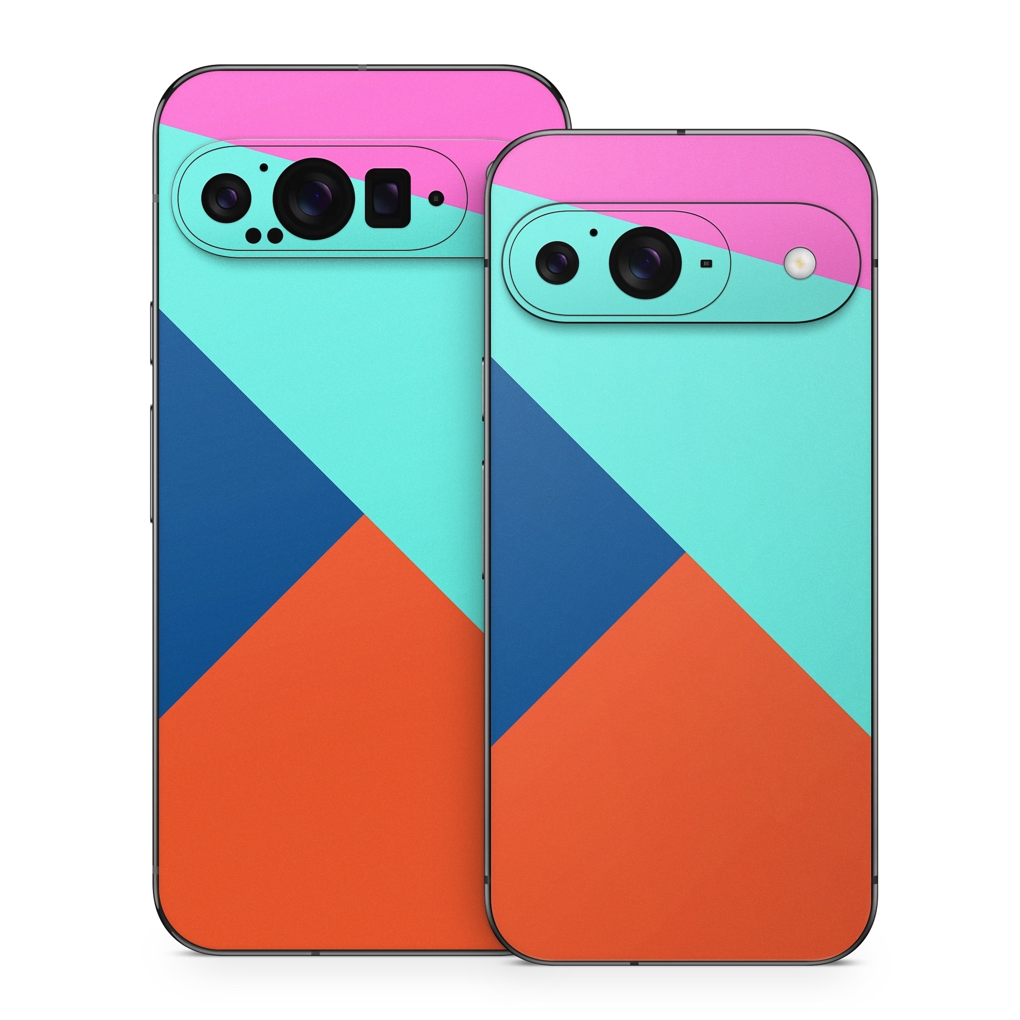 Google Pixel 9 Series Skin design of Blue, Colorfulness, Turquoise, Line, Azure, Triangle, Pattern, Graphic design, Magenta, with blue, pink, orange, red colors