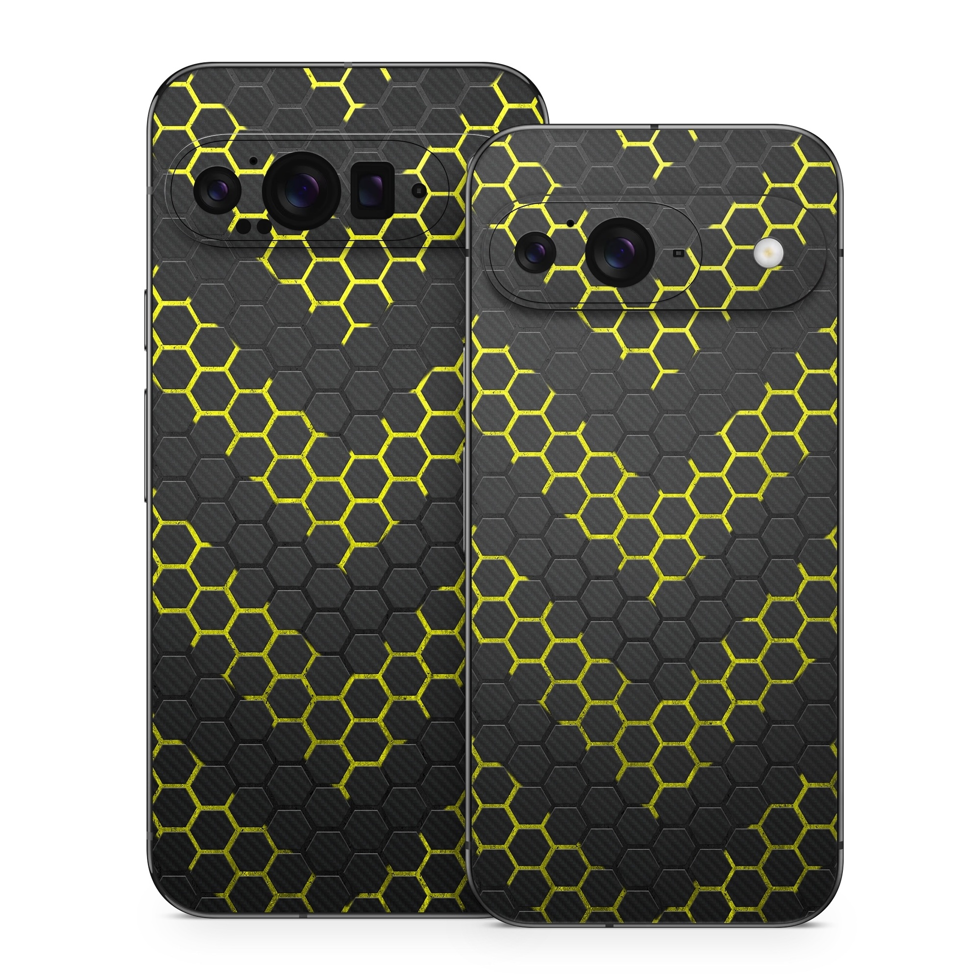 Google Pixel 9 Series Skin design of Black, Pattern, Yellow, Mesh, Net, Chain-link fencing, Design, Metal, with black, gray, yellow colors