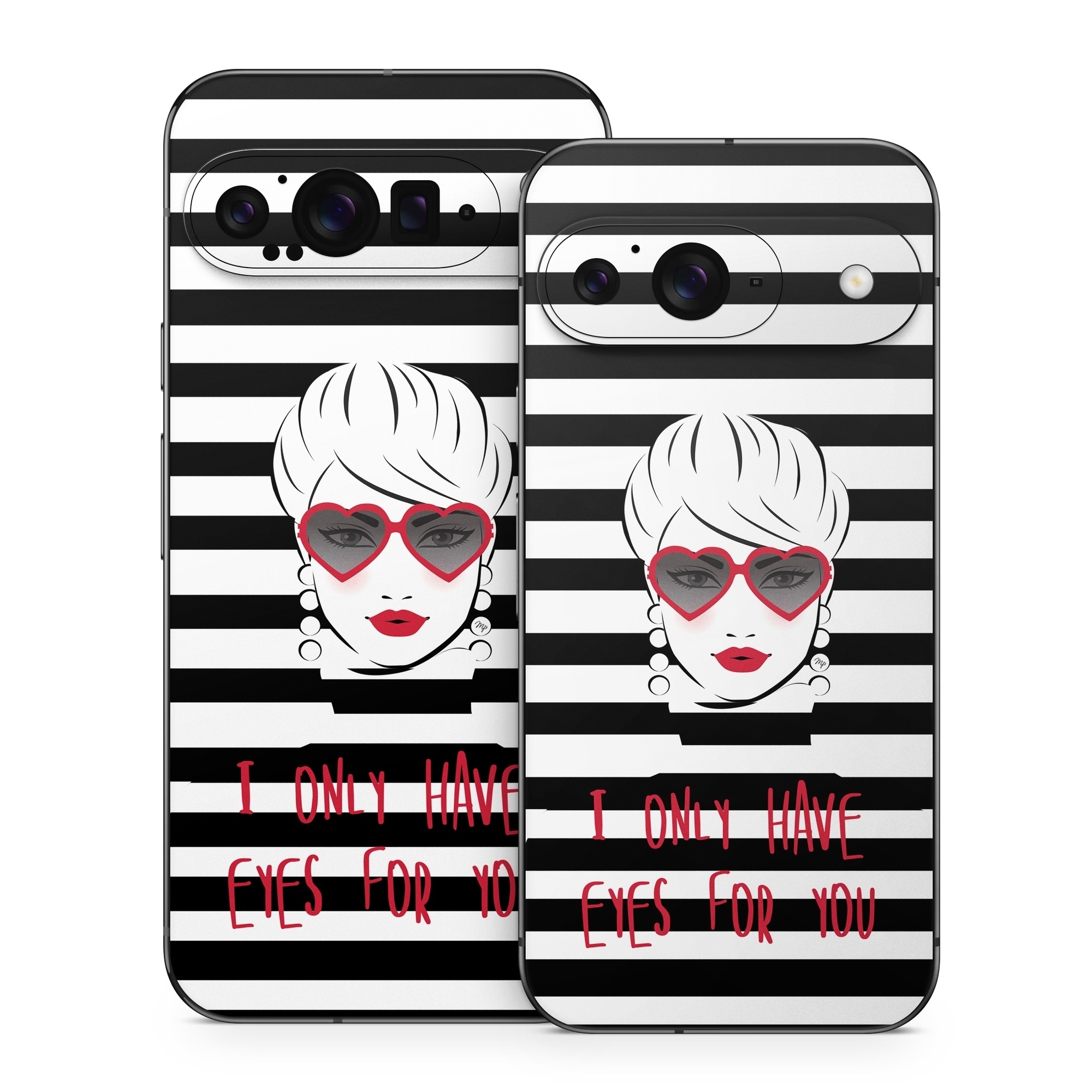 Google Pixel 9 Series Skin design of Rectangle, Font, Gesture, Eyewear, Art, Technology, Personal protective equipment, Goggles, Logo, Eyelash, with black, white, yellow, red colors