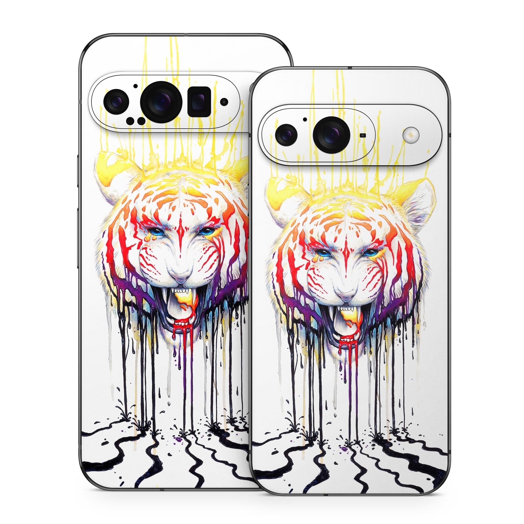 Google Pixel 9 Series Skin design of Jaw, Roar, Organism, Gesture, Art, Font, Felidae, Painting, Illustration, Drawing, with white, black, yellow, red, orange, purple colors