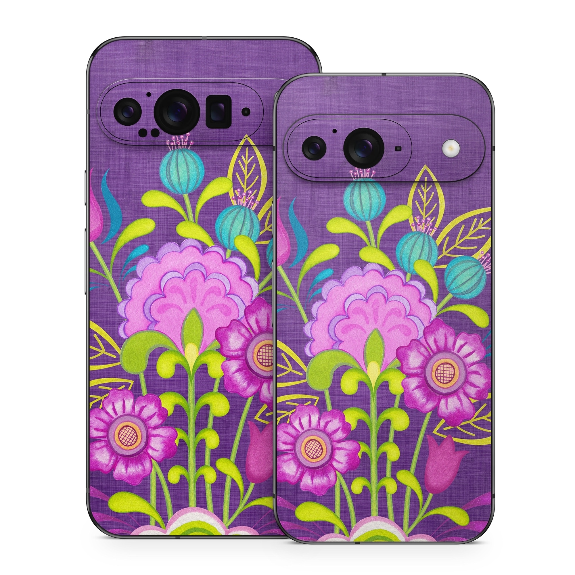 Google Pixel 9 Series Skin design of Flower, Pattern, Plant, Violet, Botany, Visual arts, Design, Floral design, Art, Magenta, with blue, purple, green, gray, red colors