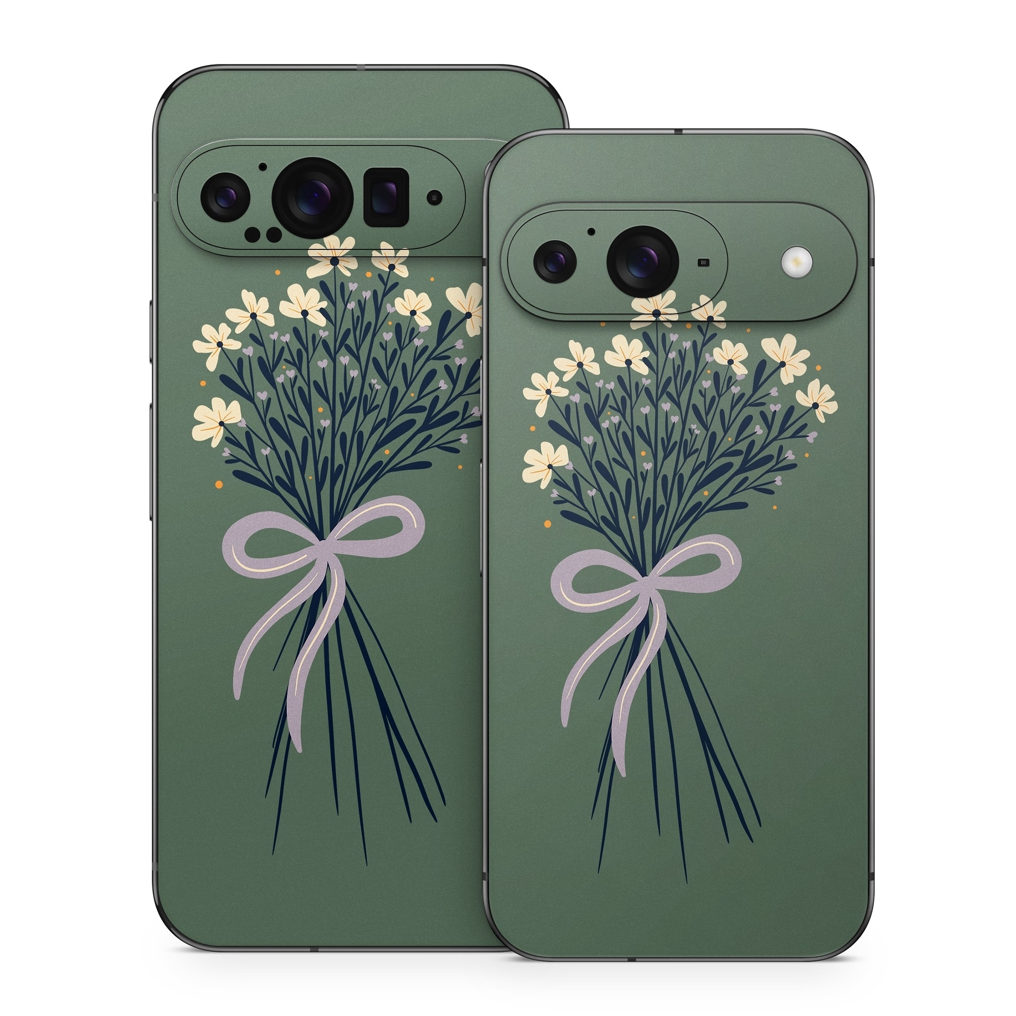Google Pixel 9 Series Skin design of Flower, Plant, Twig, Tree, Art, Pedicel, Flowering plant, Grass, Petal, Illustration, with green, yellow, white, purple colors