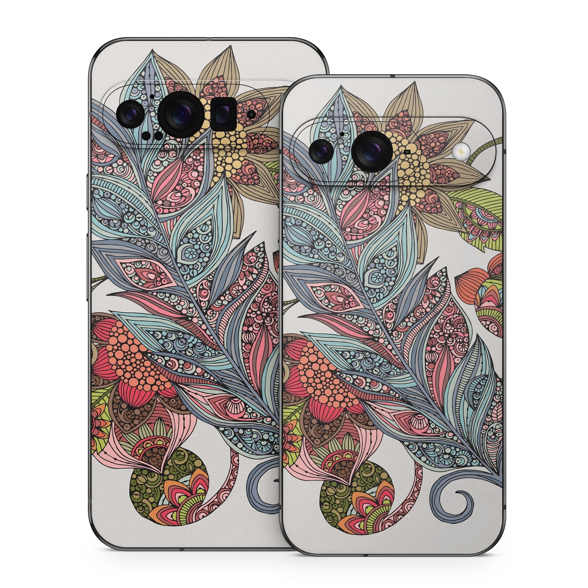 Google Pixel 9 Series Skin design of Botany, Plant, Leaf, Pattern, Flower, Illustration, Design, Motif, Protea family, Flowering plant, with green, blue, pink, red, yellow, orange, gray, brown colors