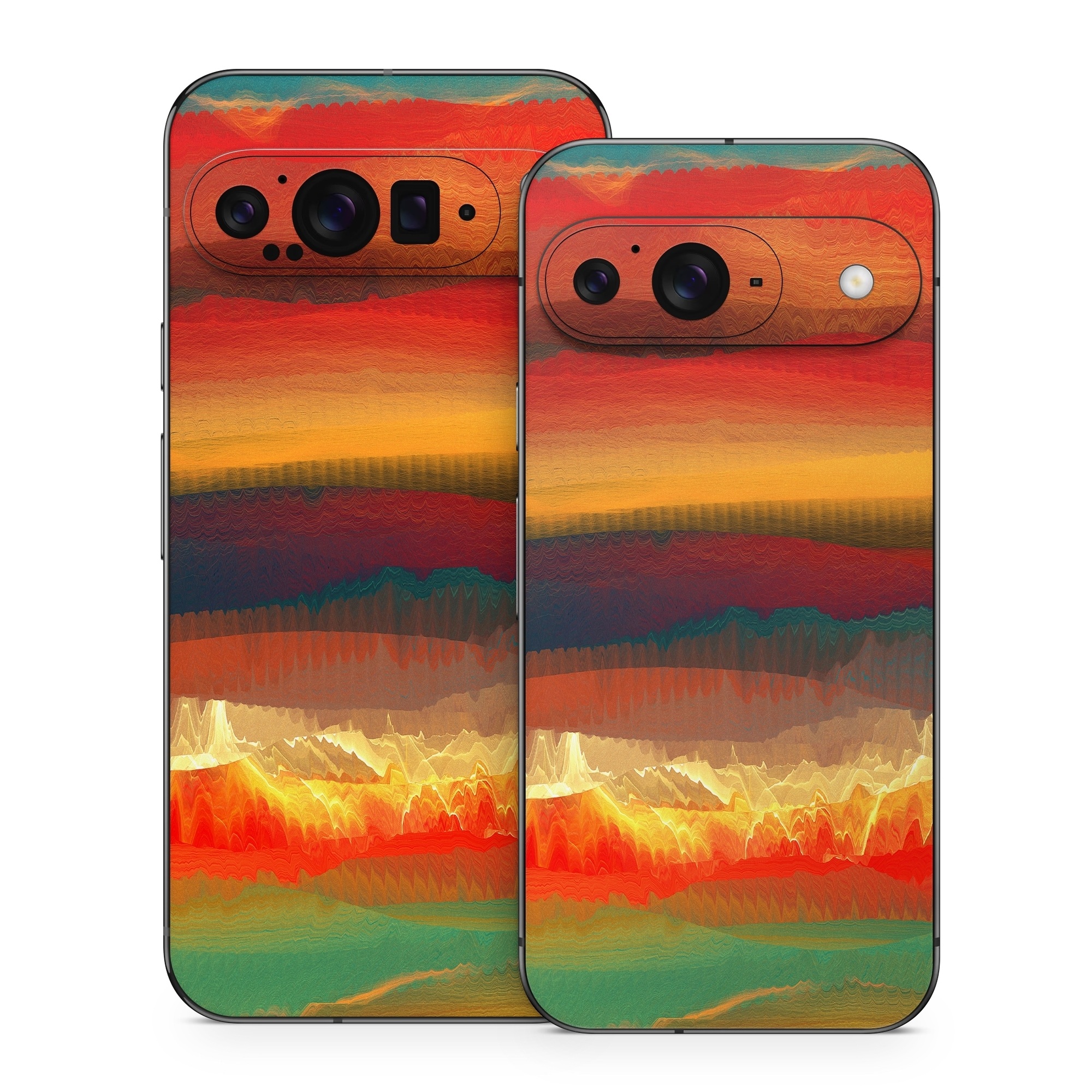 Google Pixel 9 Series Skin design of Sky, Red, Horizon, Afterglow, Orange, Painting, Acrylic paint, Watercolor paint, Sunset, Geological phenomenon, with red, blue, green, yellow, orange, white colors