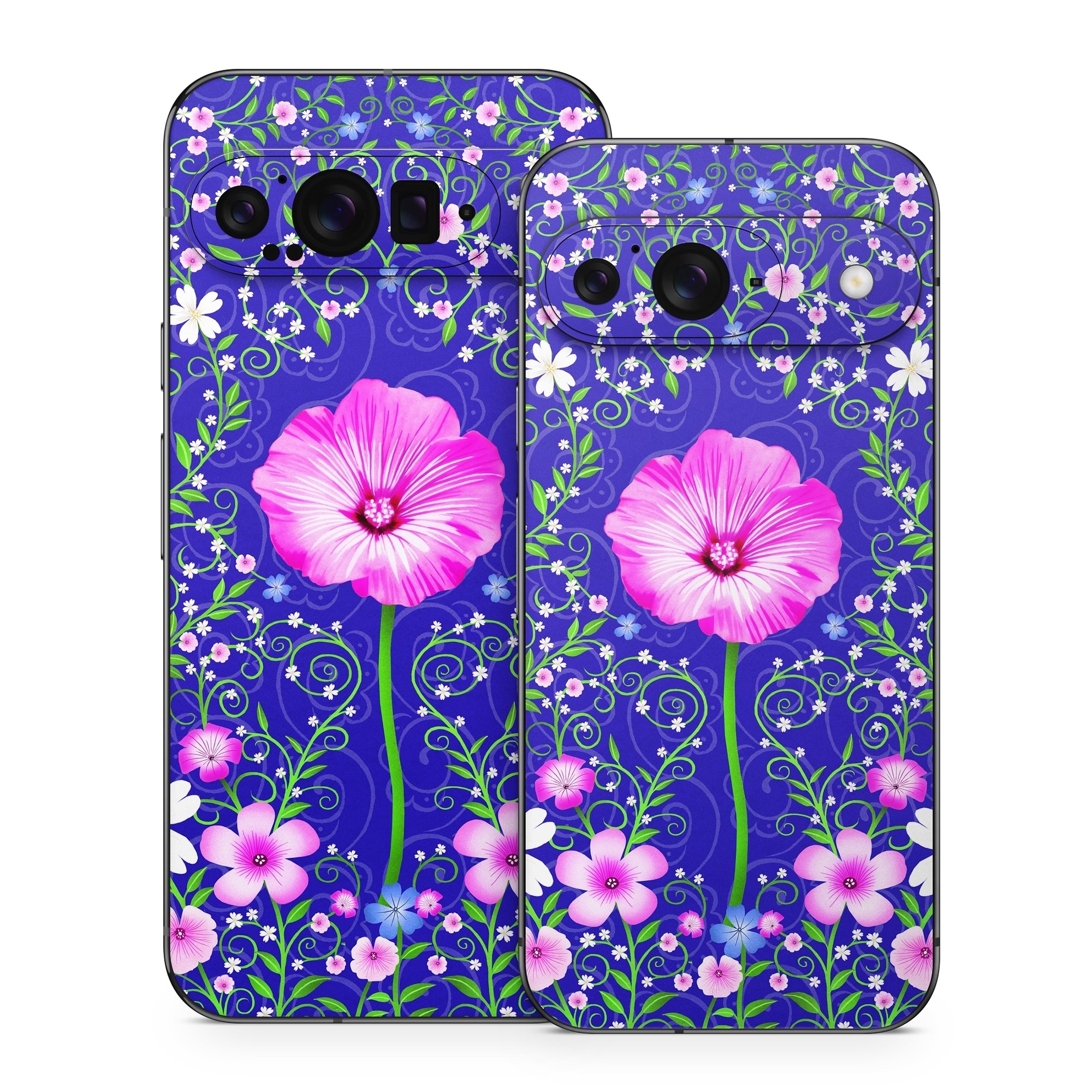 Google Pixel 9 Series Skin design of Purple, Violet, Flower, Plant, Wildflower, Pattern, Petal, Design, Graphics, Morning glory, with blue, purple, pink, green, white, yellow colors