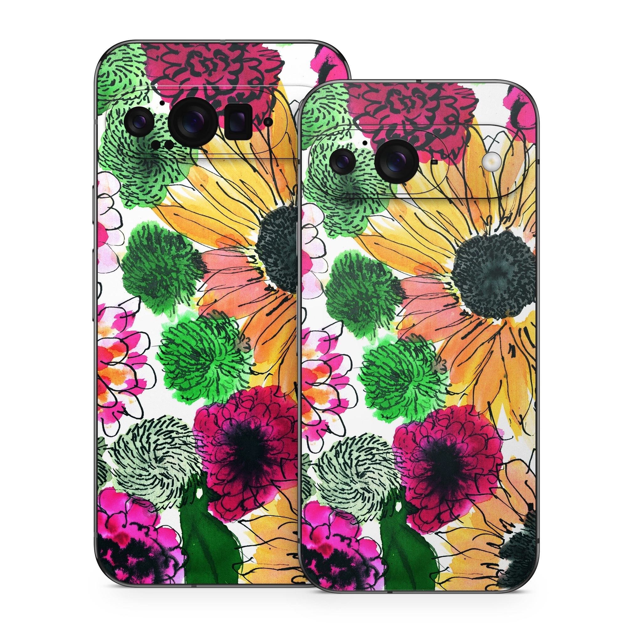Google Pixel 9 Series Skin design of Flower, Floral design, Plant, Gazania, african daisy, Petal, Pattern, Botany, Wildflower, Design, with red, yellow, green, pink, black colors