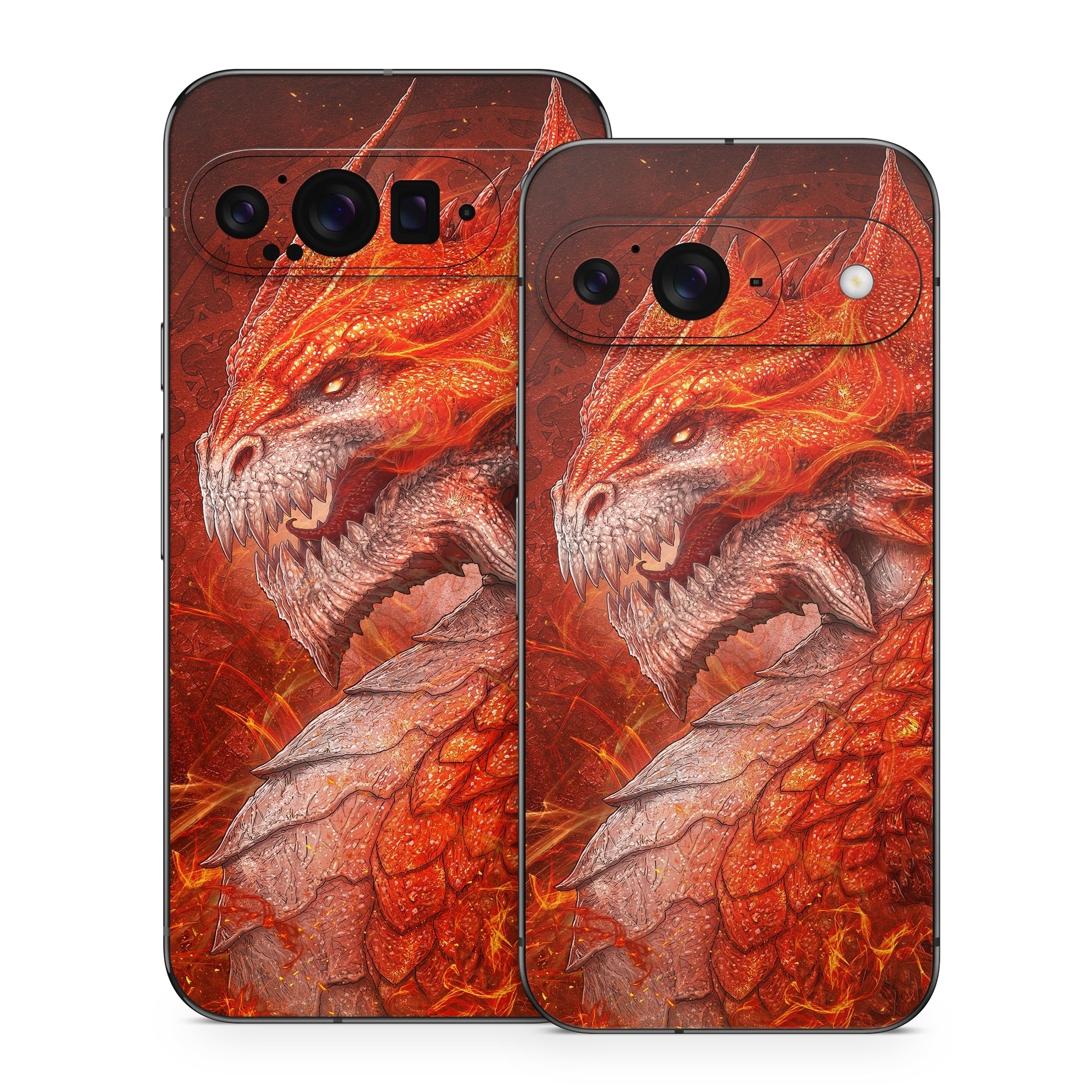 Google Pixel 9 Series Skin design of Fictional character, Cg artwork, Illustration, Art, Demon, Geological phenomenon, Mythical creature, Dragon, Cryptid, with red, orange, yellow colors
