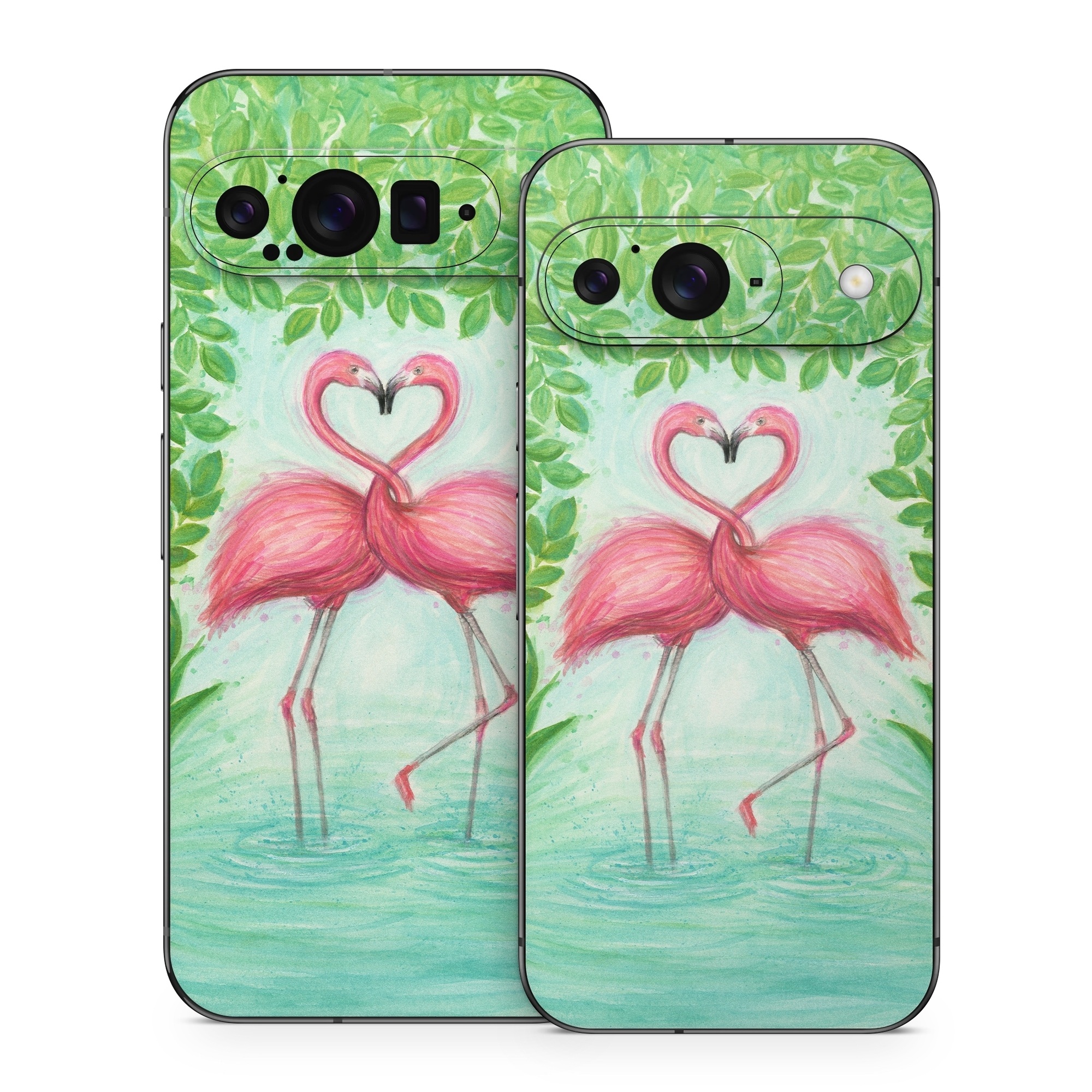 Google Pixel 9 Series Skin design of Flamingo, Greater flamingo, Bird, Water bird, Pink, Illustration, Watercolor paint, Organism, Drawing, Stork, with pink, blue, green colors
