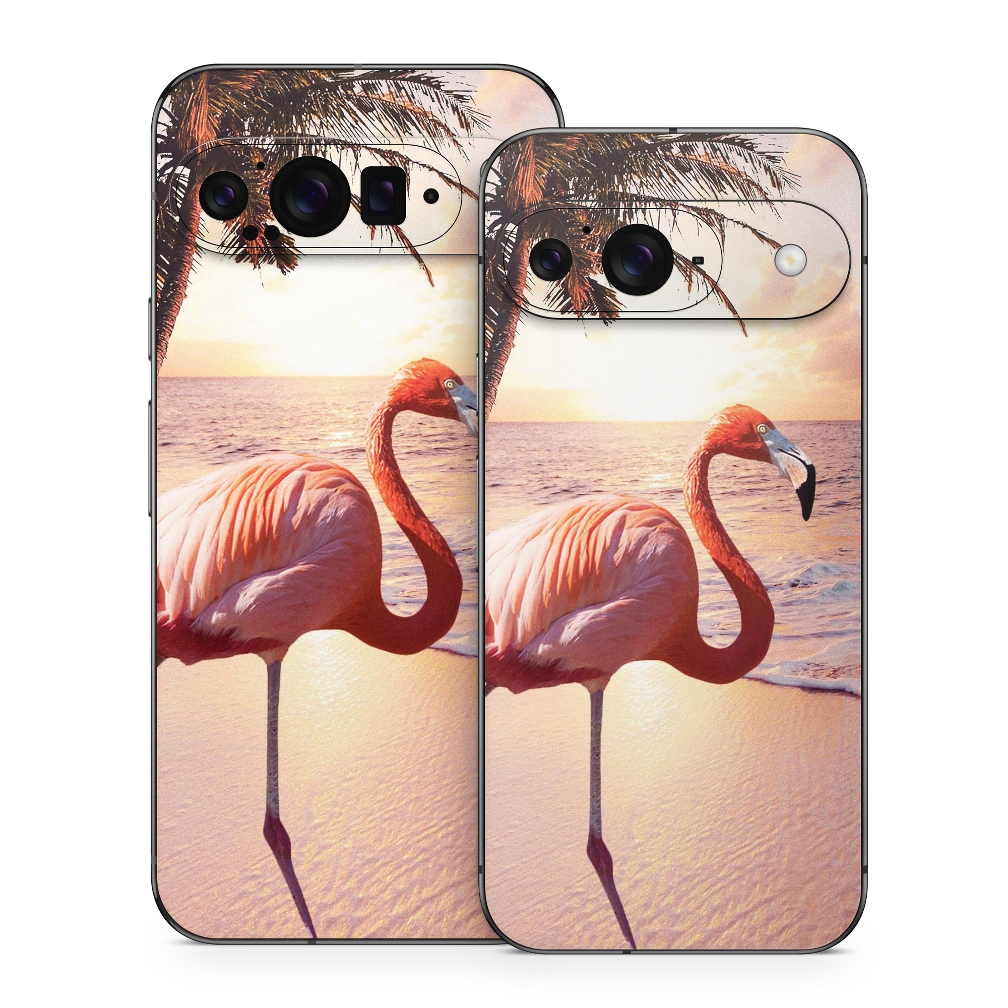 Google Pixel 9 Series Skin design of Flamingo, Greater flamingo, Bird, Water bird, Pink, Wildlife, Sky, Tree, Organism, Beak, with pink, blue, green, yellow, white, orange, black colors
