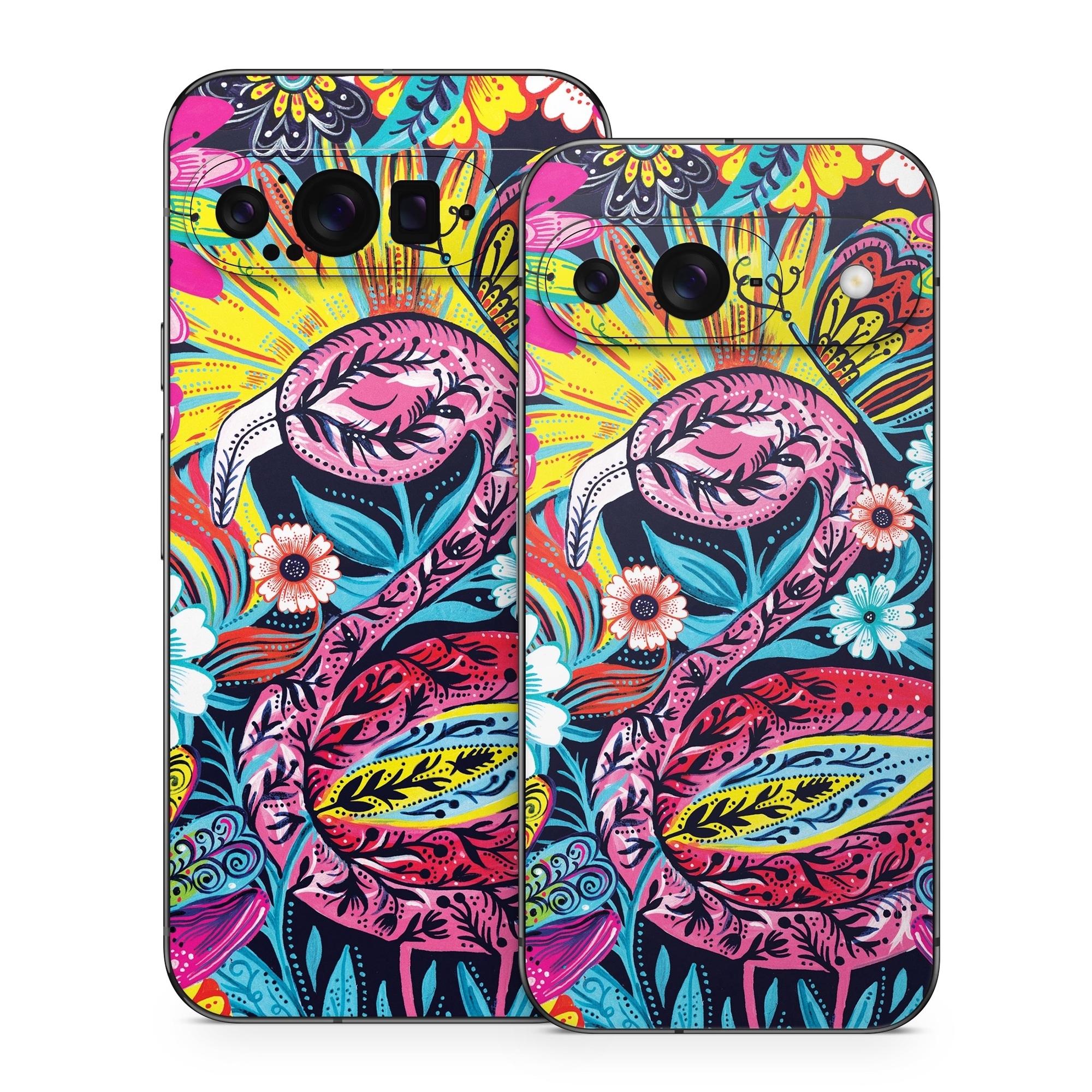 Google Pixel 9 Series Skin design of Psychedelic art, Pattern, Visual arts, Art, Design, Textile, Illustration, Plant, Graphic design, Drawing, with pink, yellow, black, blue, white colors