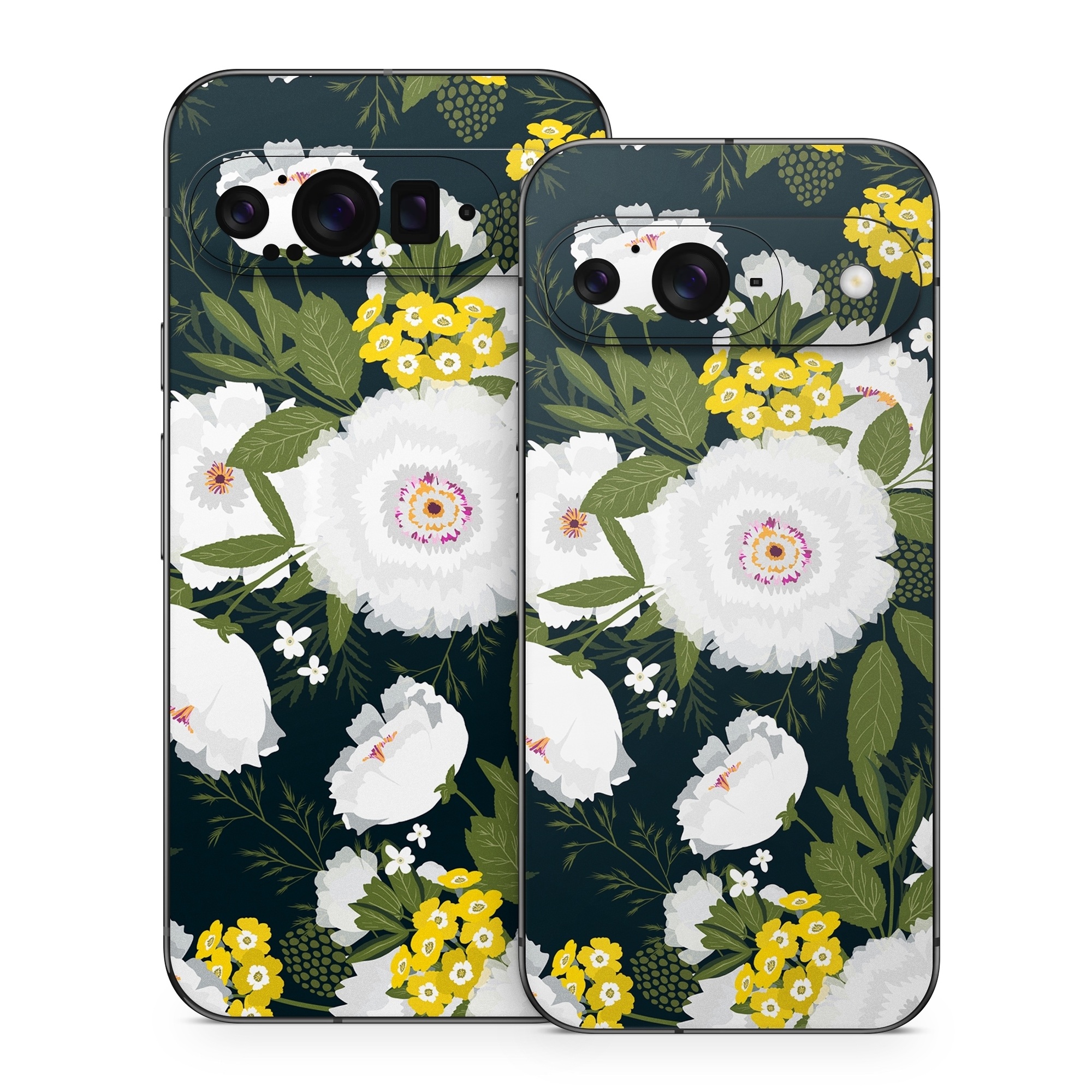 Google Pixel 9 Series Skin design of Flower, Flowering plant, Plant, Petal, Daisy, mayweed, Wildflower, Floral design, Annual plant, with green, yellow, white, orange colors