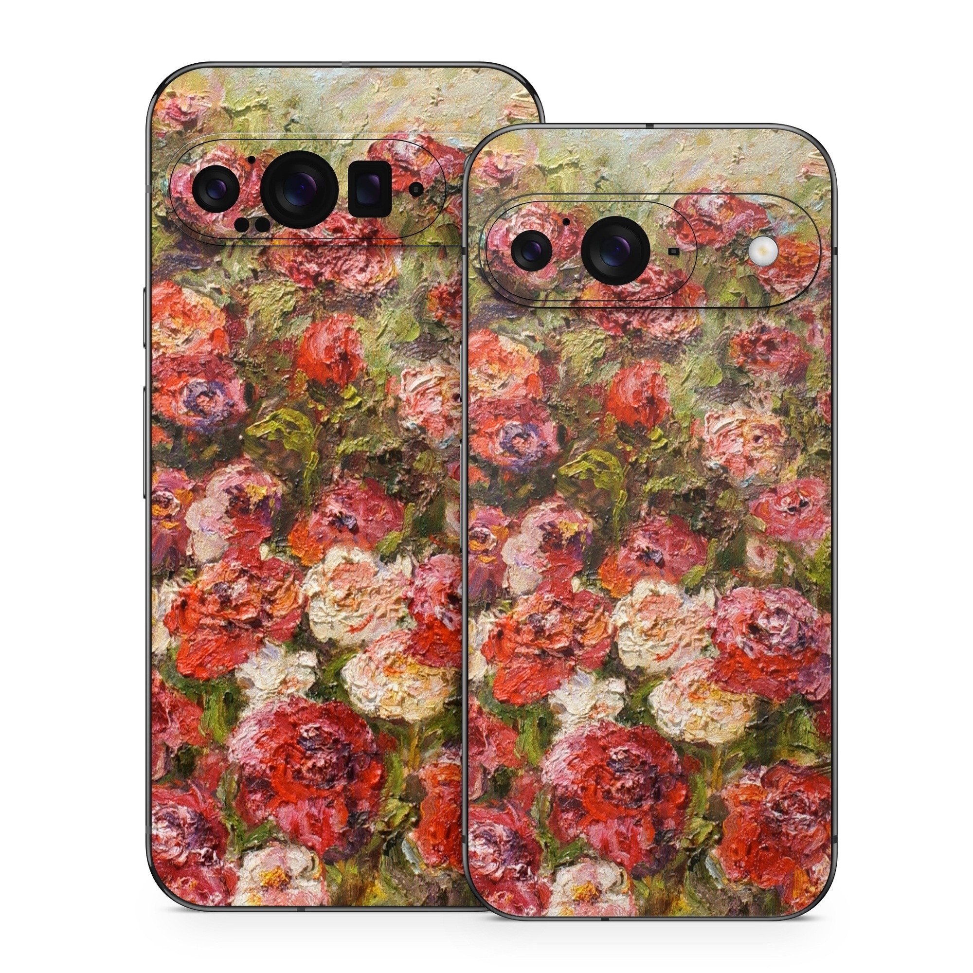 Google Pixel 9 Series Skin design of Flower, Garden roses, Rose, Plant, Floribunda, Flowering plant, Rosa × centifolia, Rose family, Botany, Petal, with red, black, green, gray colors