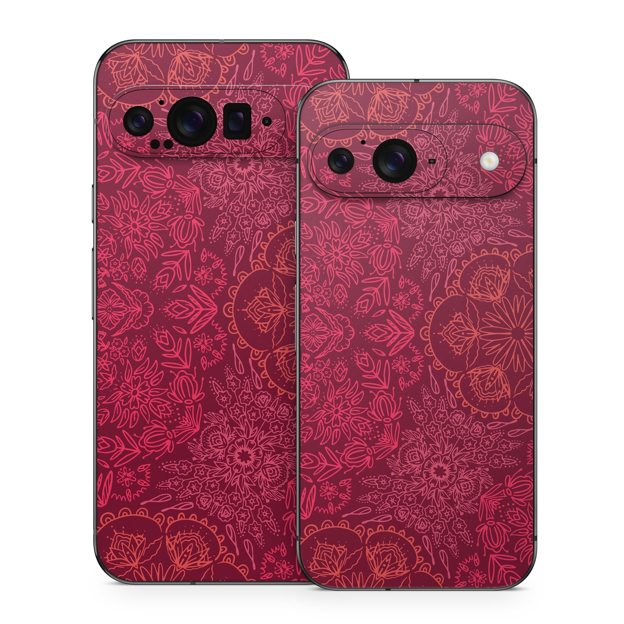 Google Pixel 9 Series Skin design of Red, Pattern, Pink, Magenta, Purple, Maroon, Violet, Textile, Design, Wallpaper, with red, black colors