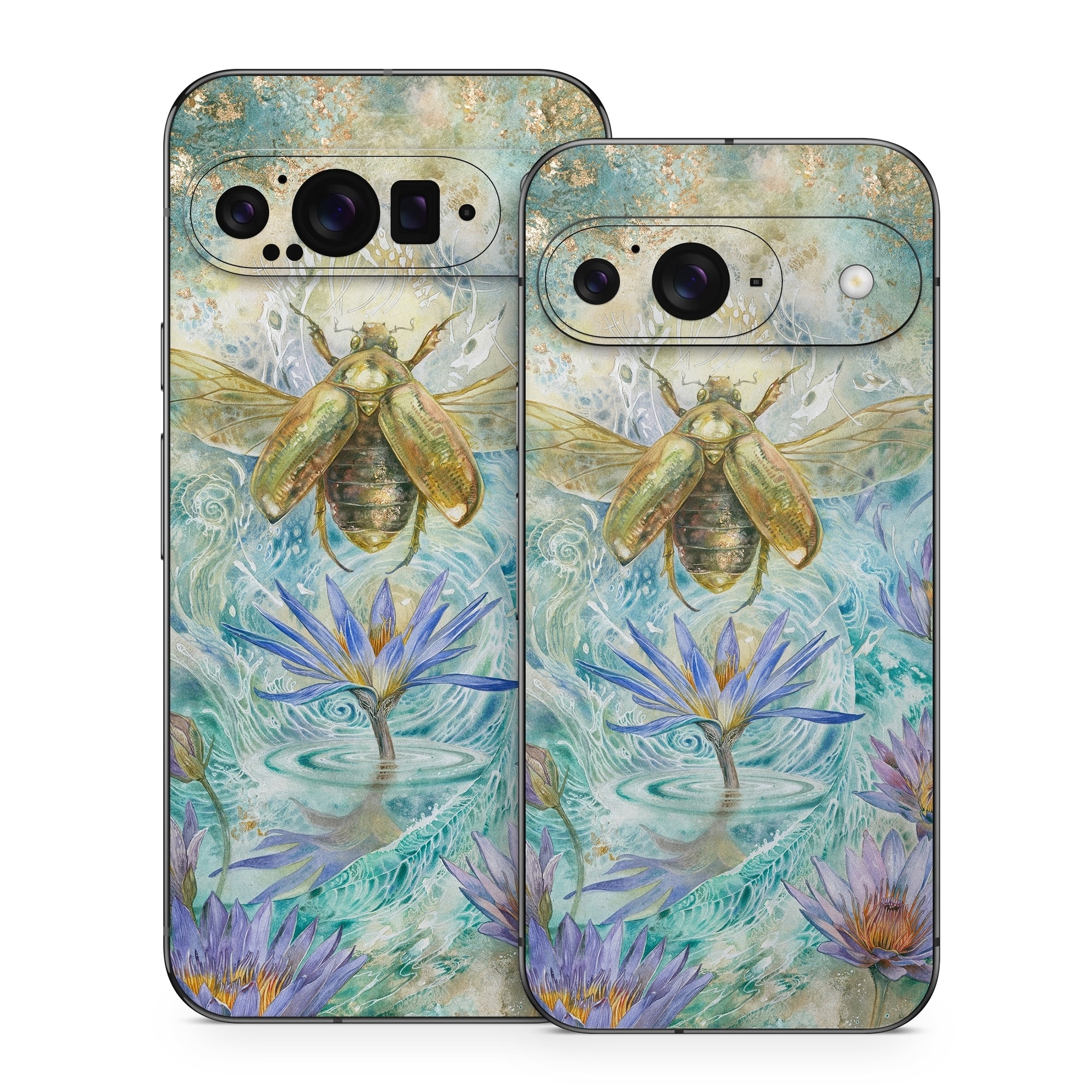 Google Pixel 9 Series Skin design of Painting, Fictional character, Art, Flower, Watercolor paint, Plant, Wildflower, Angel, Honeybee, Mythology, with blue, yellow, brown, purple, red, white colors