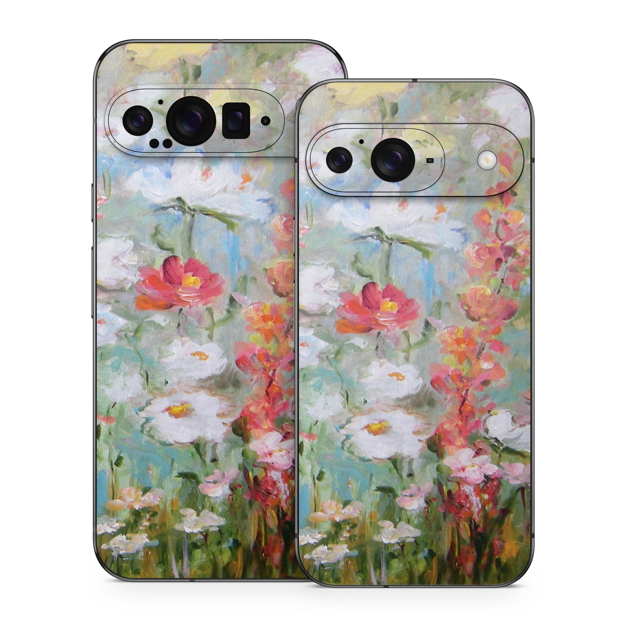 Google Pixel 9 Series Skin design of Flower, Painting, Watercolor paint, Plant, Modern art, Wildflower, Botany, Meadow, Acrylic paint, Flowering plant, with gray, black, green, red, blue colors