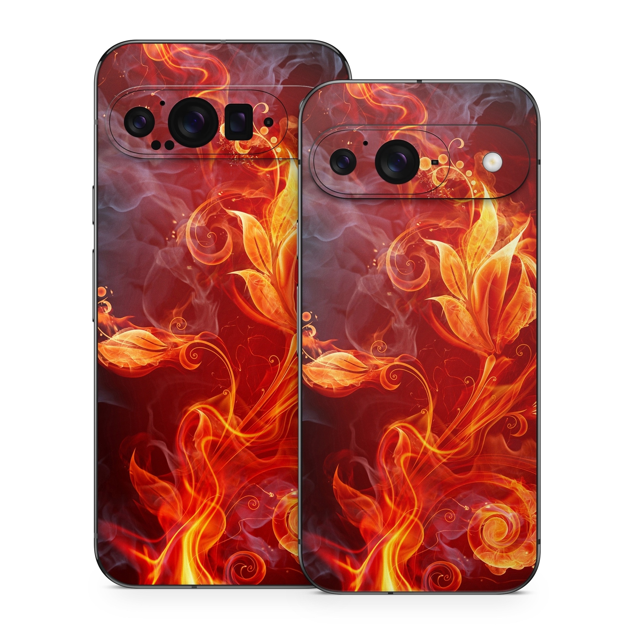 Google Pixel 9 Series Skin design of Flame, Fire, Heat, Red, Orange, Fractal art, Graphic design, Geological phenomenon, Design, Organism, with black, red, orange colors