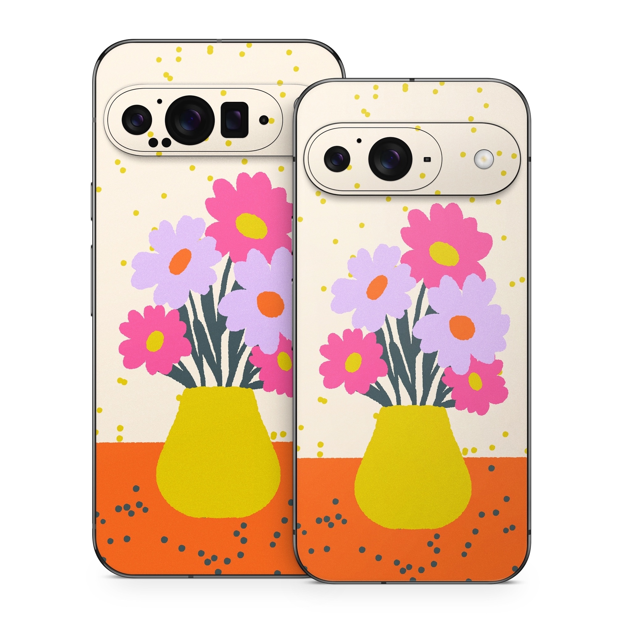 Google Pixel 9 Series Skin design of Flower, Plant, Vase, Flowerpot, Petal, Happy, People in nature, Liquid, Font, Art, with white, orange, pink, purple, yellow colors
