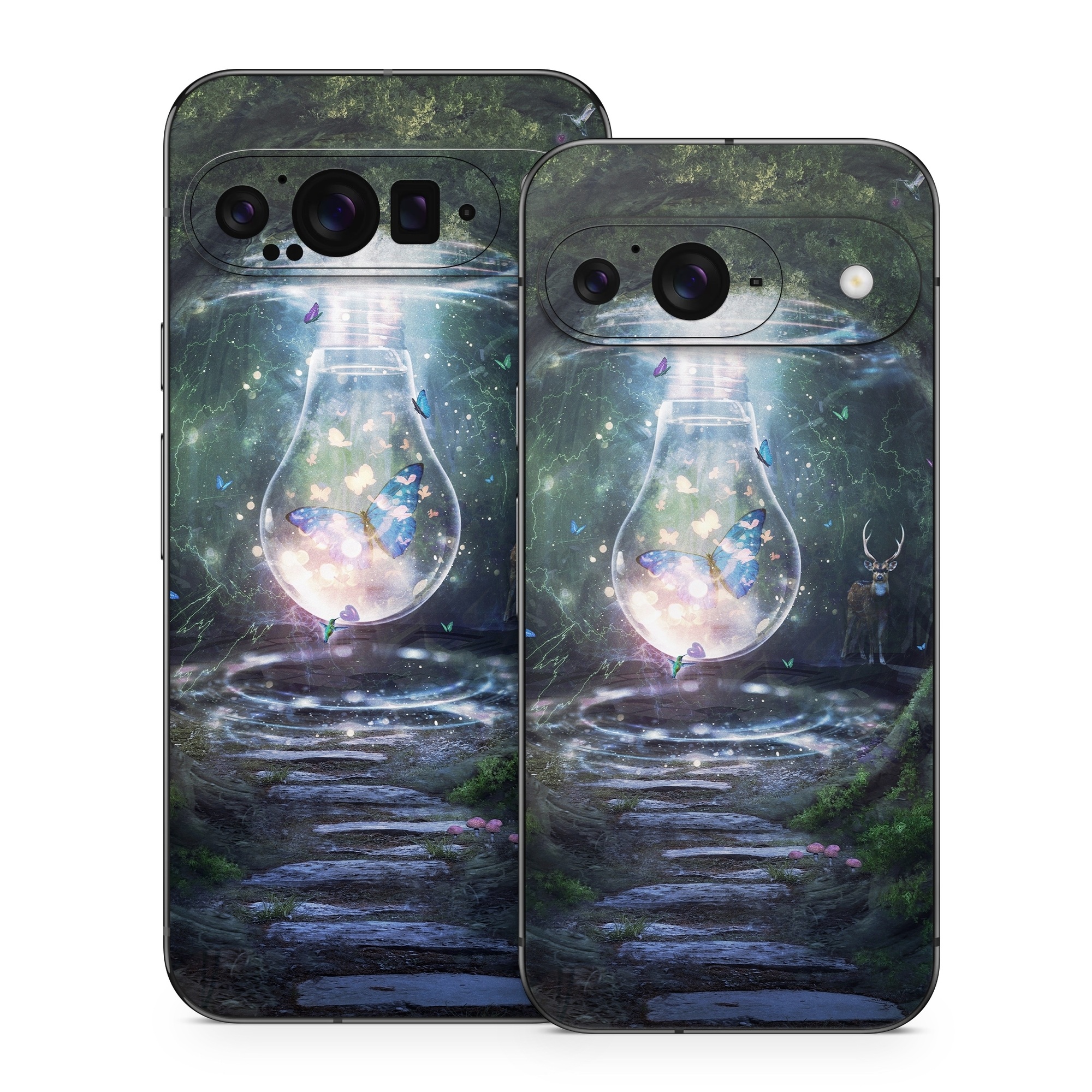 Google Pixel 9 Series Skin design of Nature, Green, Darkness, Natural environment, Light, Infrastructure, Tunnel, Tree, Forest, Art, with white, black, brown, green, blue, yellow colors