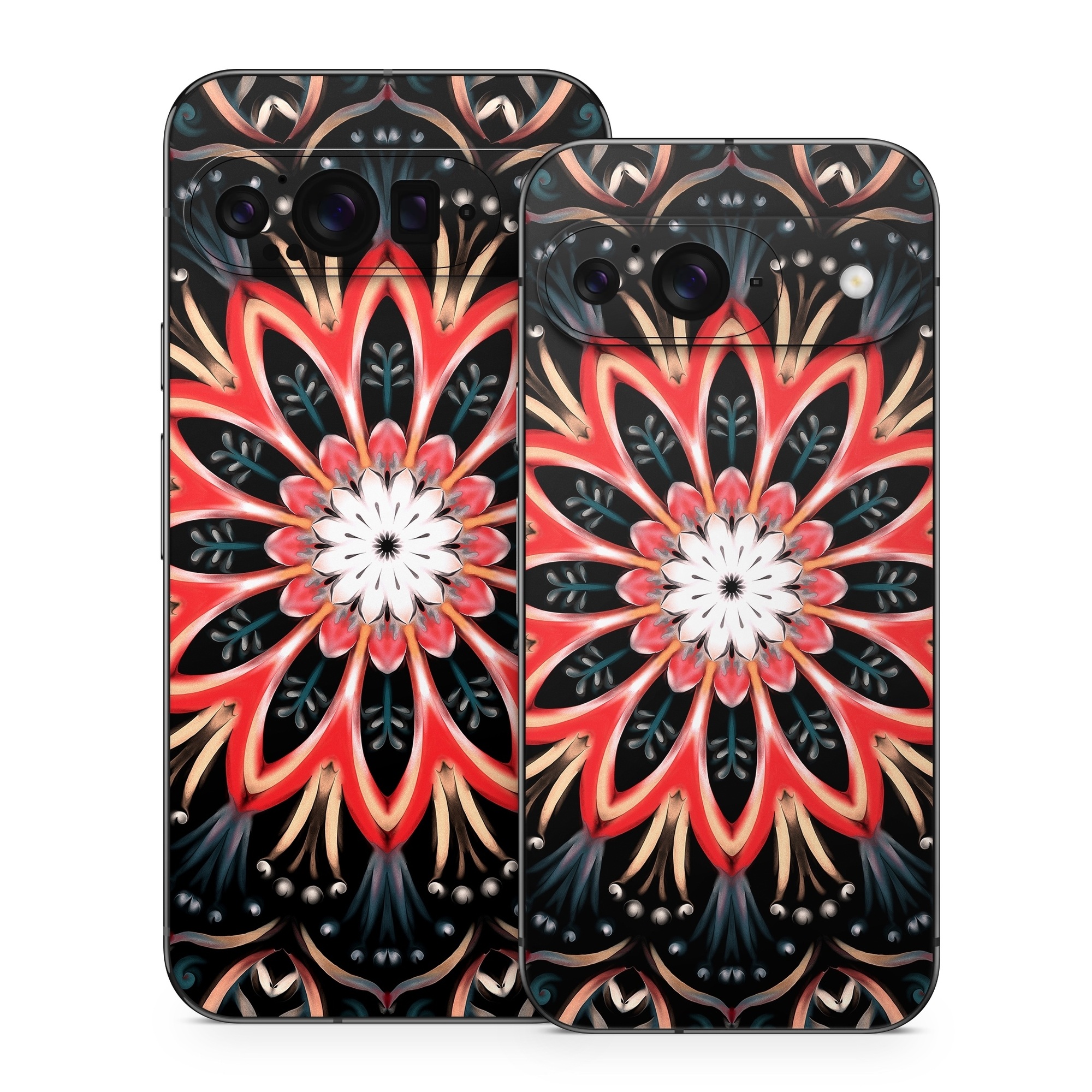 Google Pixel 9 Series Skin design of Pattern, Psychedelic art, Symmetry, Design, Art, Visual arts, Textile, Kaleidoscope, Fractal art, Ornament, with black, red, white, blue, yellow, orange colors