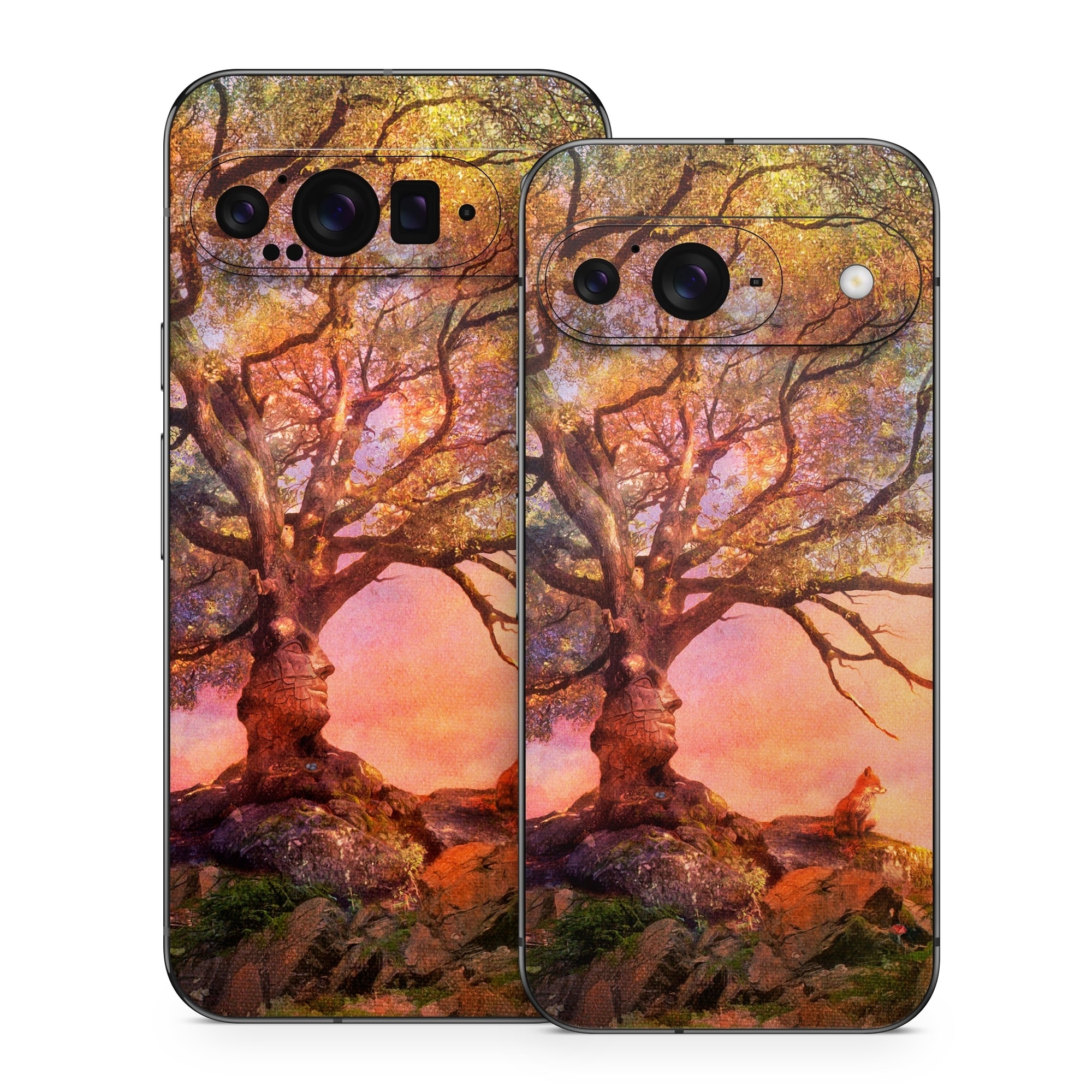 Google Pixel 9 Series Skin design of Nature, Tree, Sky, Natural landscape, Branch, Leaf, Woody plant, Trunk, Landscape, Plant, with pink, red, black, green, gray, orange colors