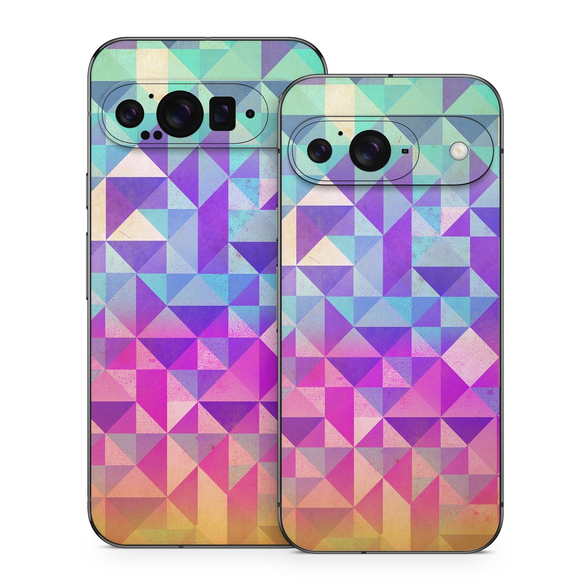 Google Pixel 9 Series Skin design of Pattern, Purple, Triangle, Violet, Magenta, Line, Design, Symmetry, Psychedelic art, with gray, purple, green, blue, pink colors