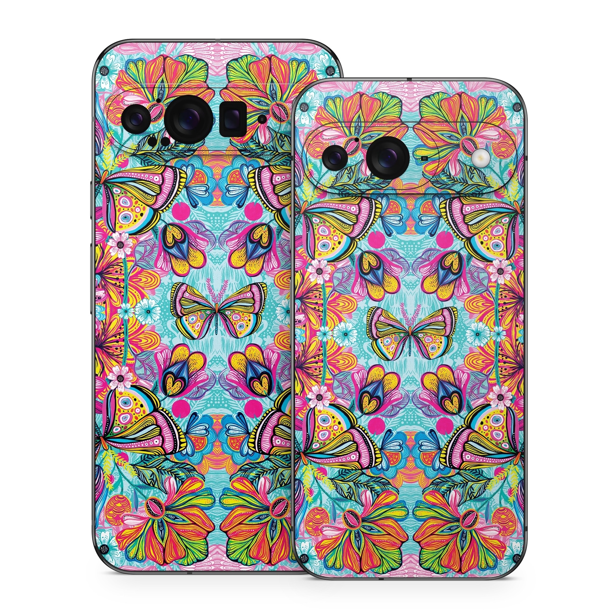 Google Pixel 9 Series Skin design of Pattern, Design, Textile, Psychedelic art, Visual arts, Symmetry, Art, Motif, with blue, pink, green, yellow, orange, purple colors