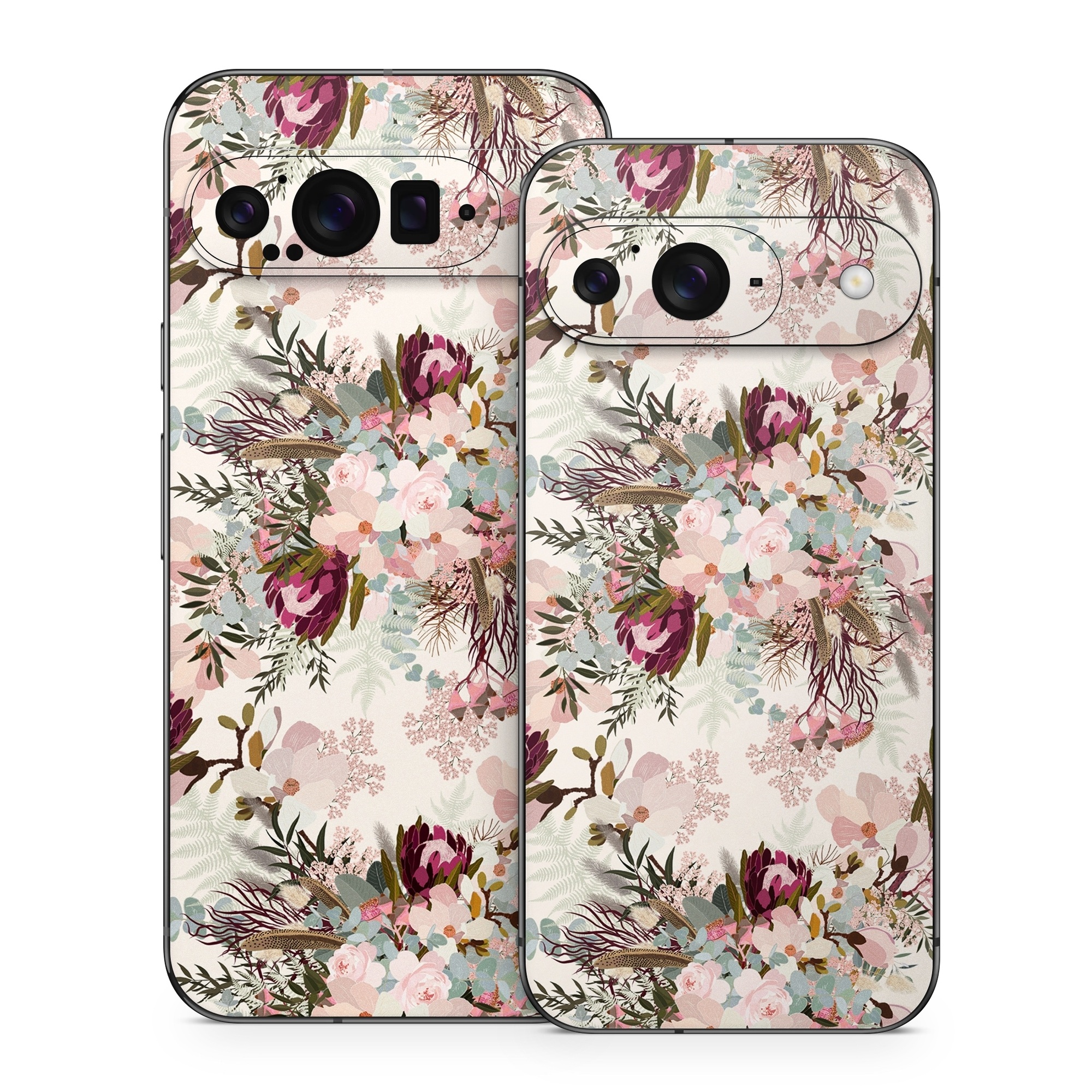 Google Pixel 9 Series Skin design of Pink, Pattern, Lilac, Flower, Plant, Petal, Floral design, Textile, Design, Blossom, with white, red, pink, blue, brown colors