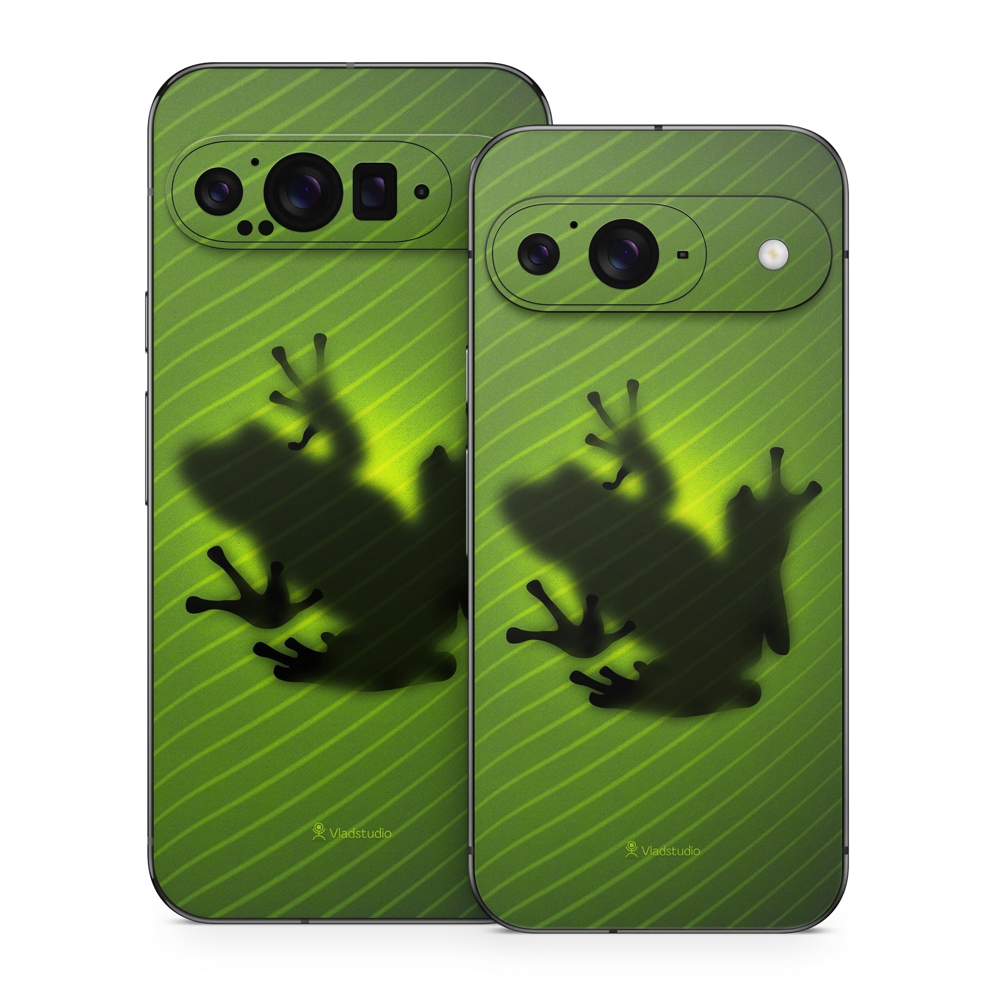Google Pixel 9 Series Skin design of Green, Frog, Tree frog, Amphibian, Shadow, Silhouette, Macro photography, Illustration, with green, black colors