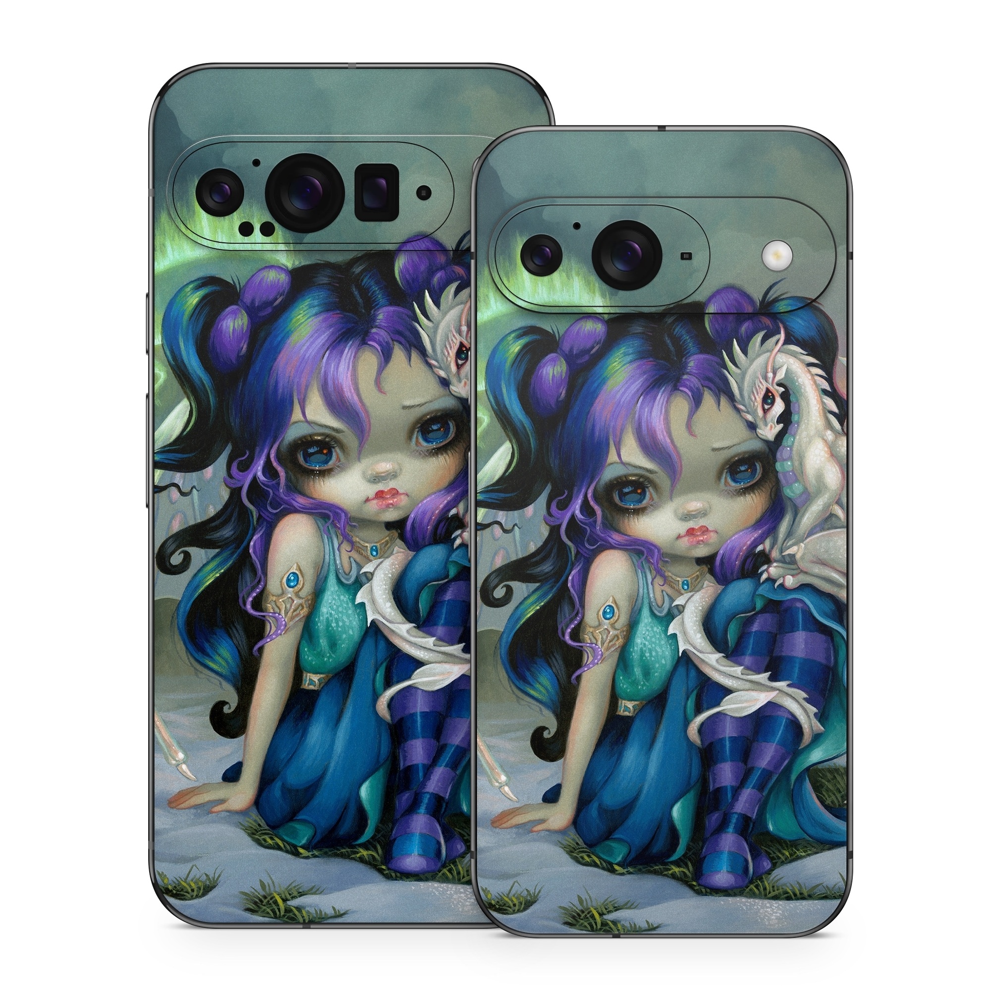 Google Pixel 9 Series Skin design of Illustration, Fictional character, Cg artwork, Art, Mythology, Anime, Mythical creature, with green, blue, purple, yellow, red, white colors