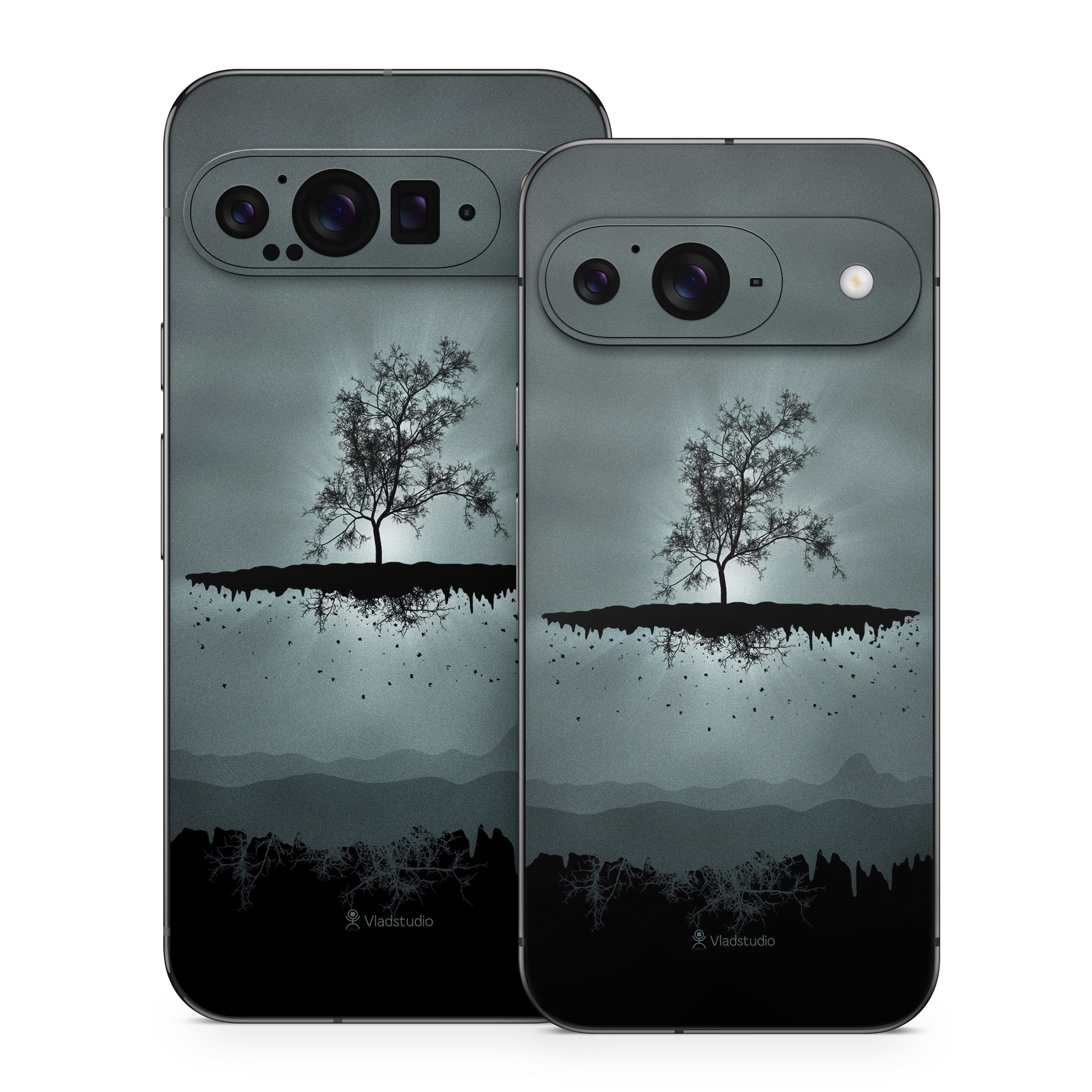 Google Pixel 9 Series Skin design of Reflection, Sky, Nature, Water, Black, Tree, Black-and-white, Monochrome photography, Natural landscape, Atmospheric phenomenon, with black, gray, blue colors