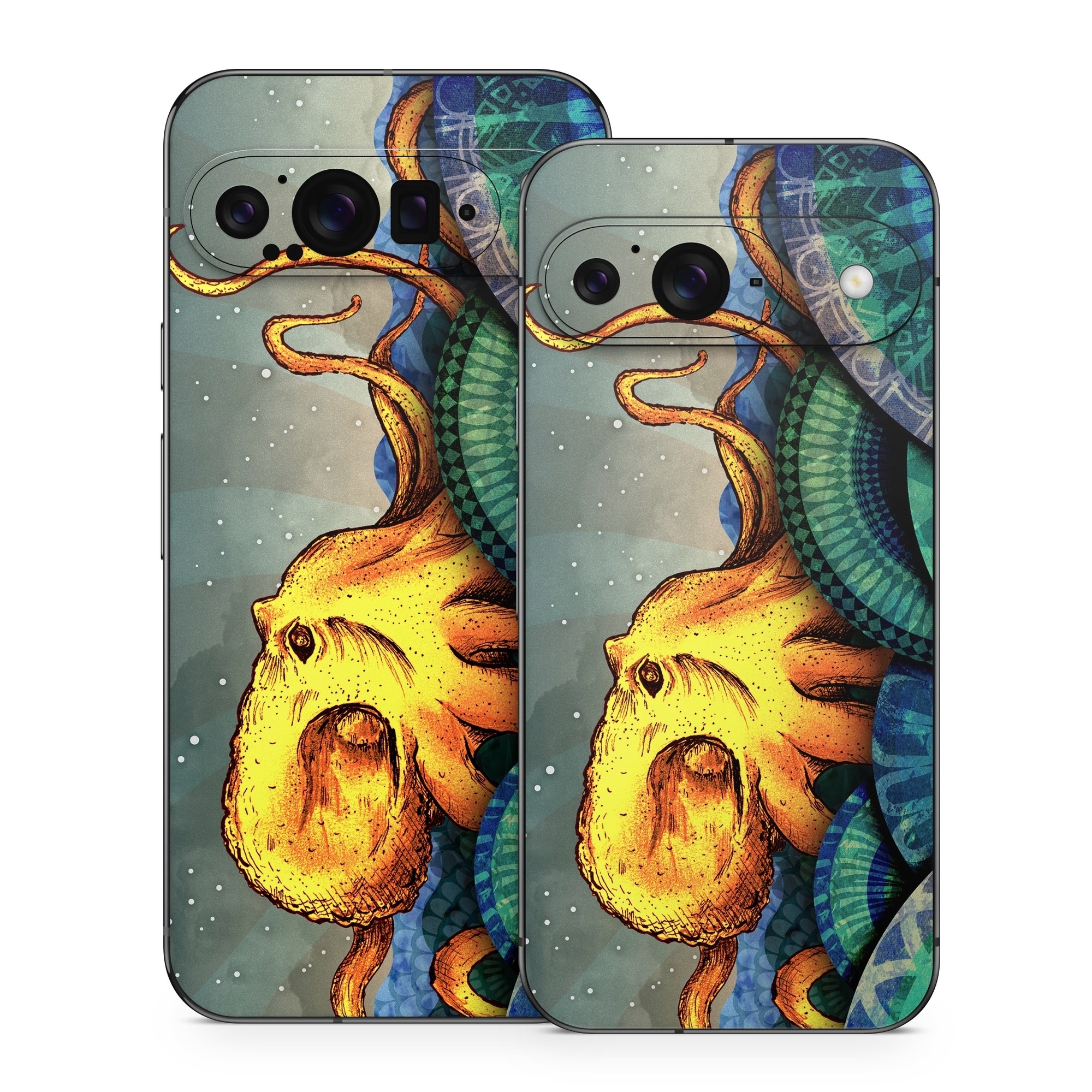 Google Pixel 9 Series Skin design of Illustration, Fractal art, Art, Cg artwork, Sky, Organism, Psychedelic art, Graphic design, Graphics, Octopus, with black, gray, blue, green, red colors