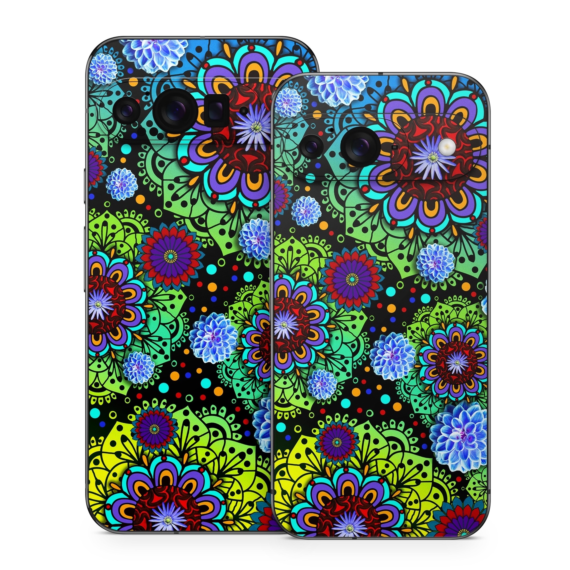 Google Pixel 9 Series Skin design of Pattern, Psychedelic art, Design, Flower, Art, Visual arts, Floral design, Plant, Textile, Symmetry, with black, blue, green, purple colors
